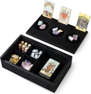 Tarot Card Holder Stand & Storage Box for Display Daily Draws,Tarot Deck & Crystal Organizer, Witchcraft and Divination Supplies, Witchy Gifts for Women, Solid Wood with Velvet Lining (Black)