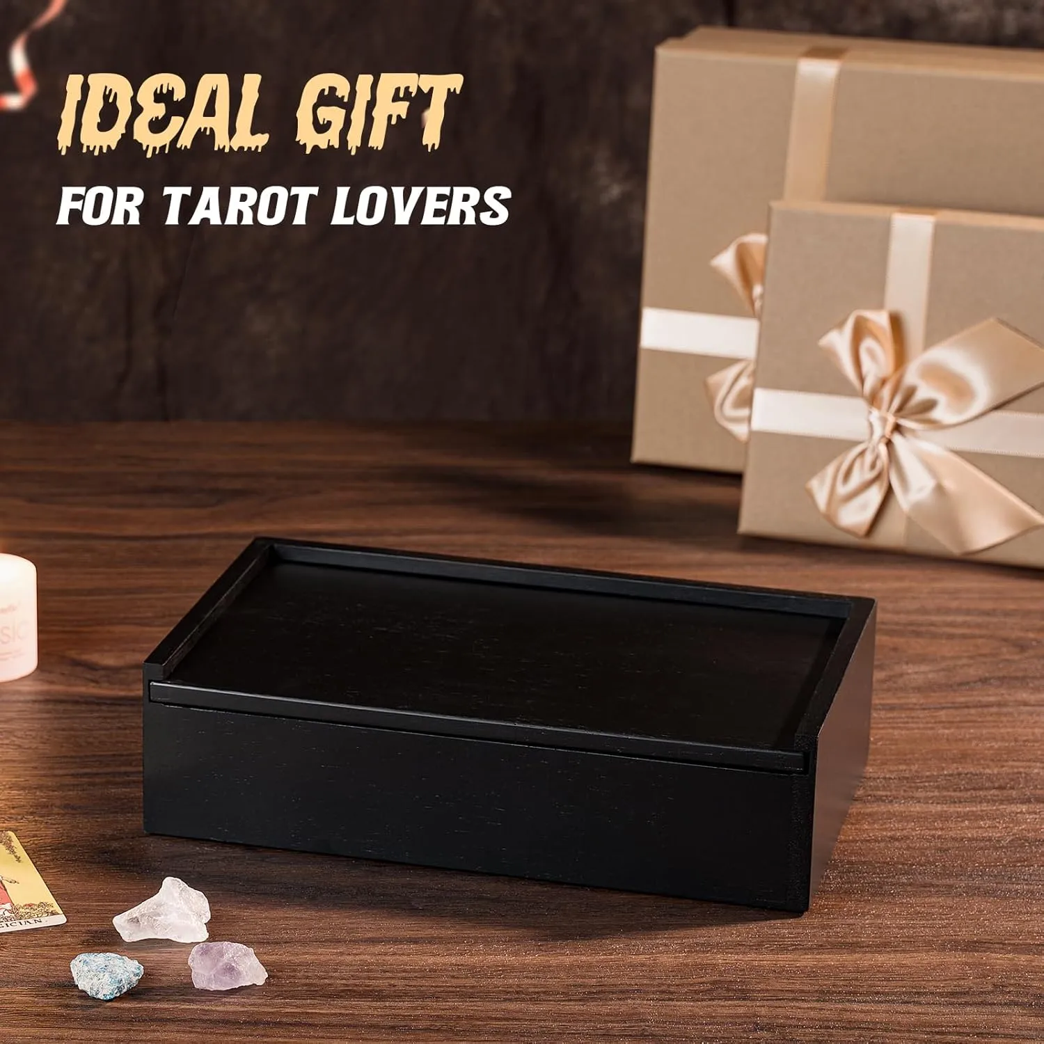 Tarot Card Holder Stand & Storage Box for Display Daily Draws,Tarot Deck & Crystal Organizer, Witchcraft and Divination Supplies, Witchy Gifts for Women, Solid Wood with Velvet Lining (Black)