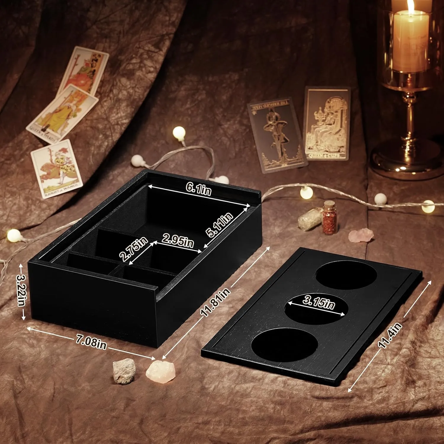 Tarot Card Holder Stand & Storage Box for Display Daily Draws,Tarot Deck & Crystal Organizer, Witchcraft and Divination Supplies, Witchy Gifts for Women, Solid Wood with Velvet Lining (Black)
