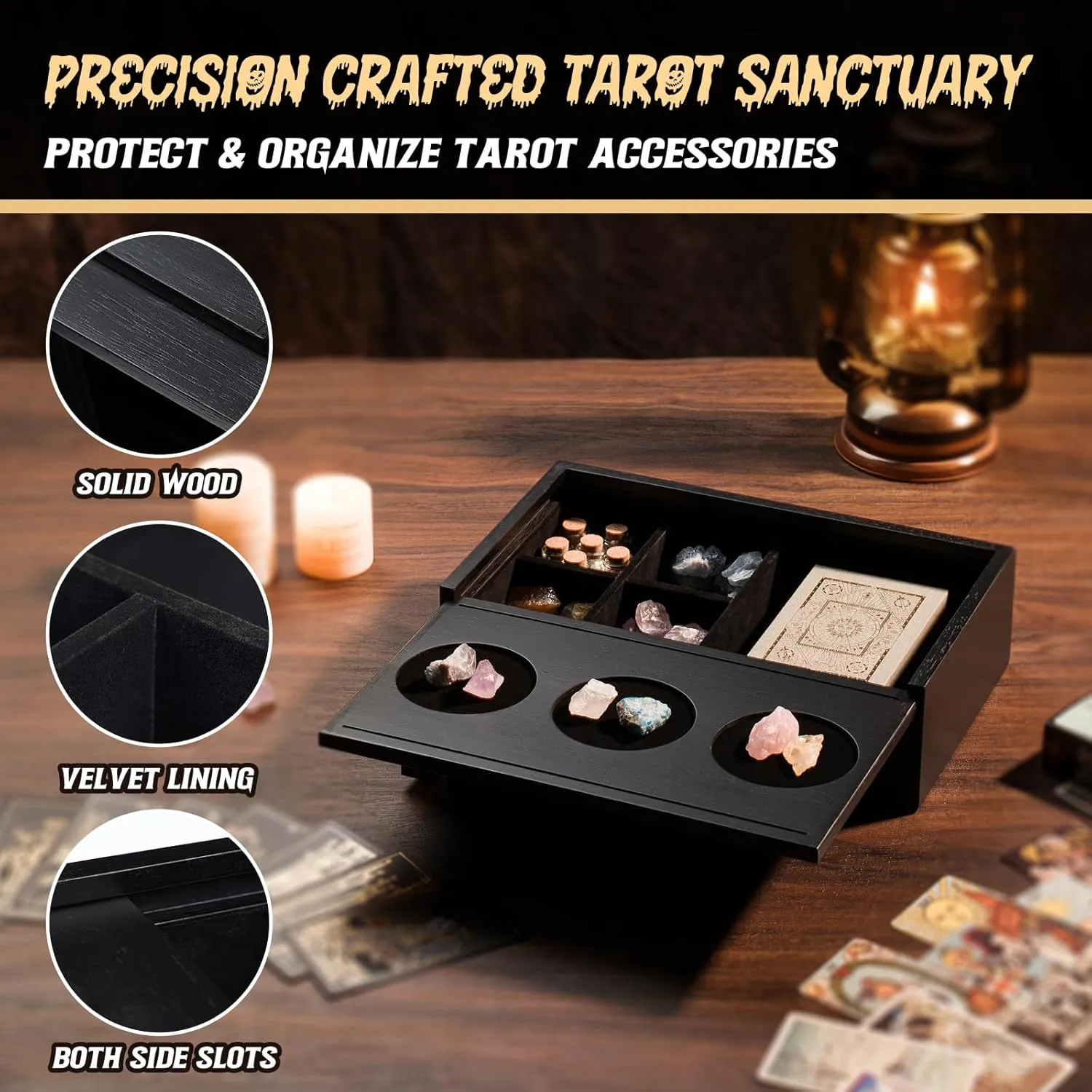 Tarot Card Holder Stand & Storage Box for Display Daily Draws,Tarot Deck & Crystal Organizer, Witchcraft and Divination Supplies, Witchy Gifts for Women, Solid Wood with Velvet Lining (Black)