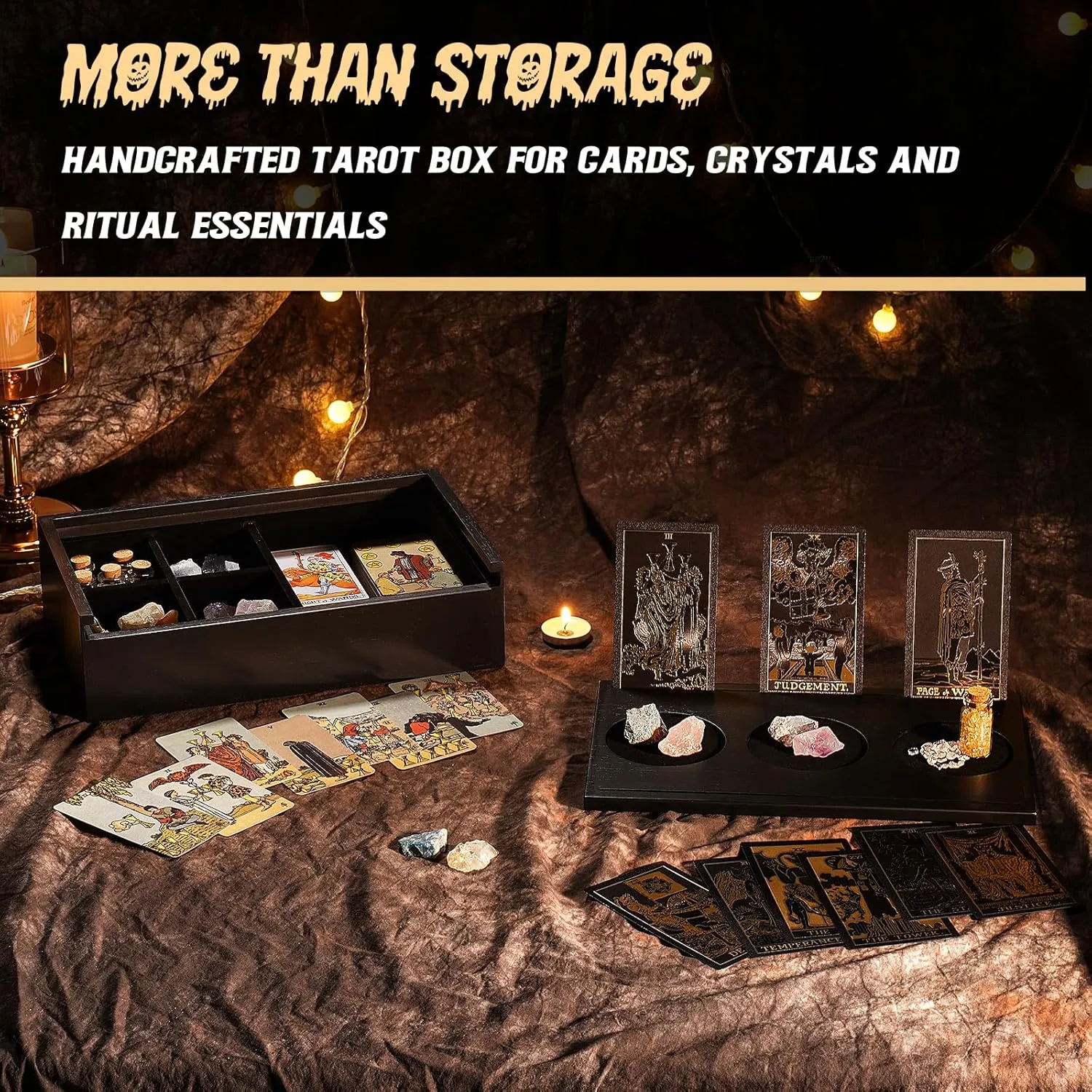Tarot Card Holder Stand & Storage Box for Display Daily Draws,Tarot Deck & Crystal Organizer, Witchcraft and Divination Supplies, Witchy Gifts for Women, Solid Wood with Velvet Lining (Black)
