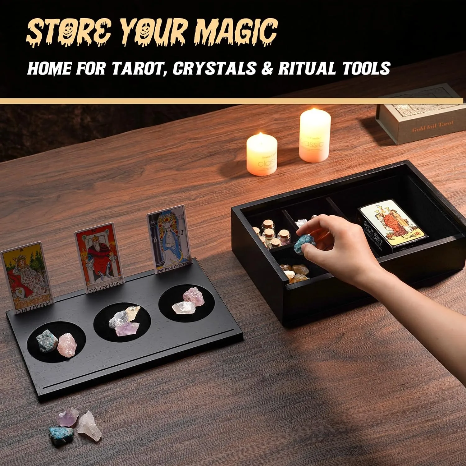 Tarot Card Holder Stand & Storage Box for Display Daily Draws,Tarot Deck & Crystal Organizer, Witchcraft and Divination Supplies, Witchy Gifts for Women, Solid Wood with Velvet Lining (Black)
