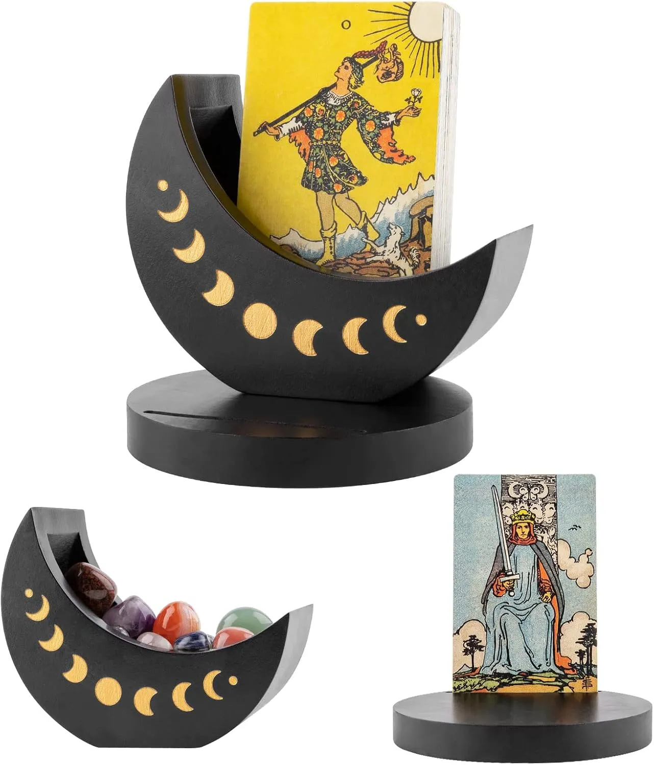 Tarot Deck Display Box with Card Holder, Wood Moon Phase Stand Case for Crystal Stone Storage, Daily Oracle Card Organizer Altar Supply Meditation Accessories Witchy Decor Gift