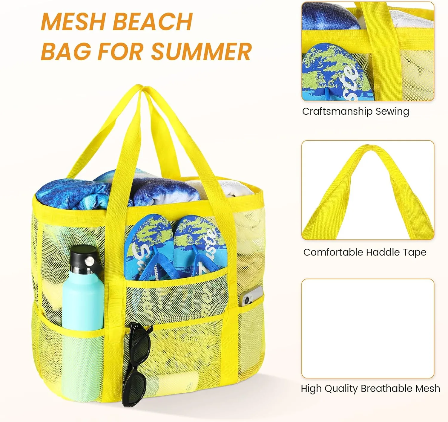 Tavaleu Mesh Beach Bag - Large Beach Tote with Multi Functional Pockets for Family Travel/Vacation