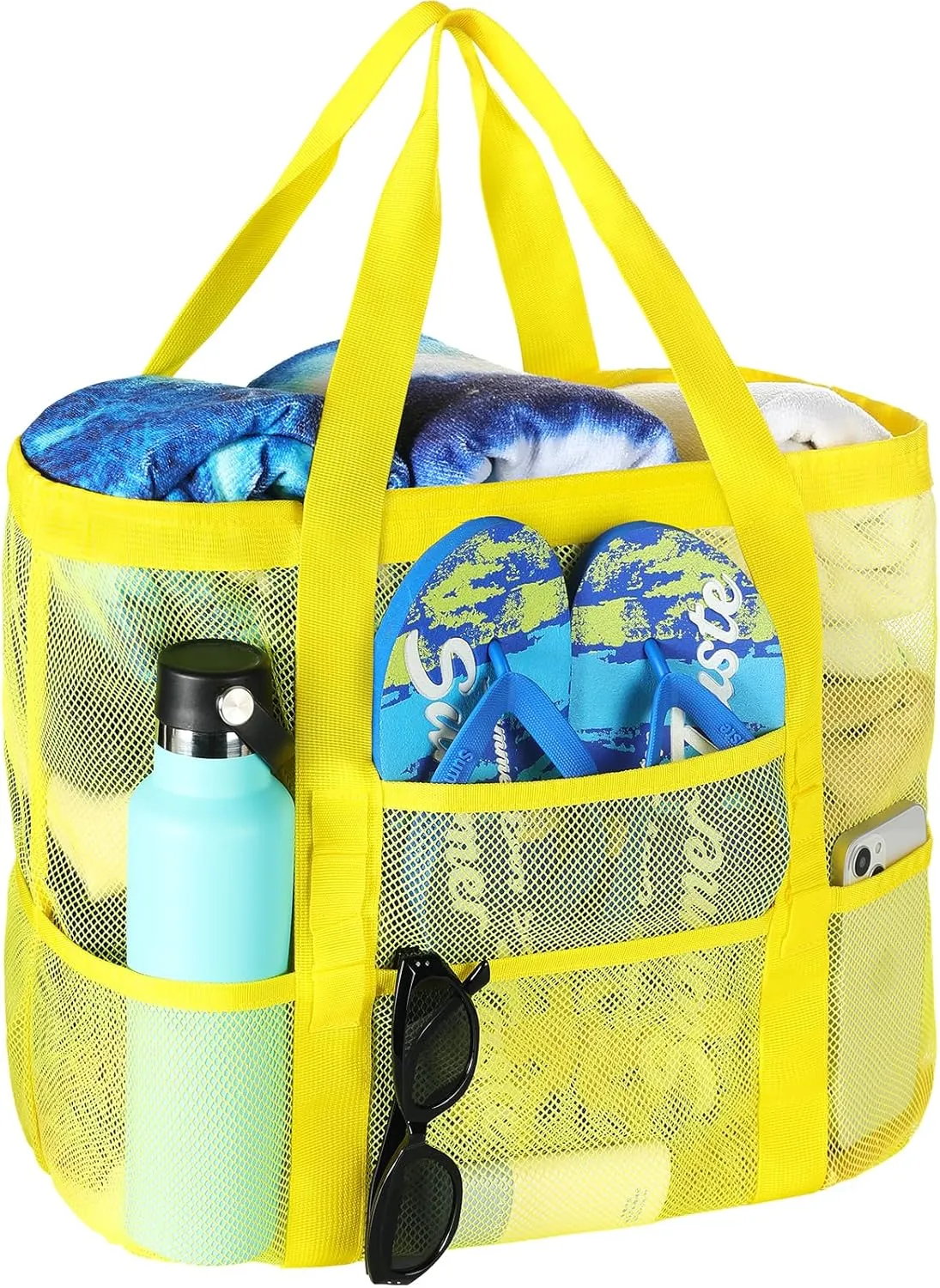 Tavaleu Mesh Beach Bag - Large Beach Tote with Multi Functional Pockets for Family Travel/Vacation