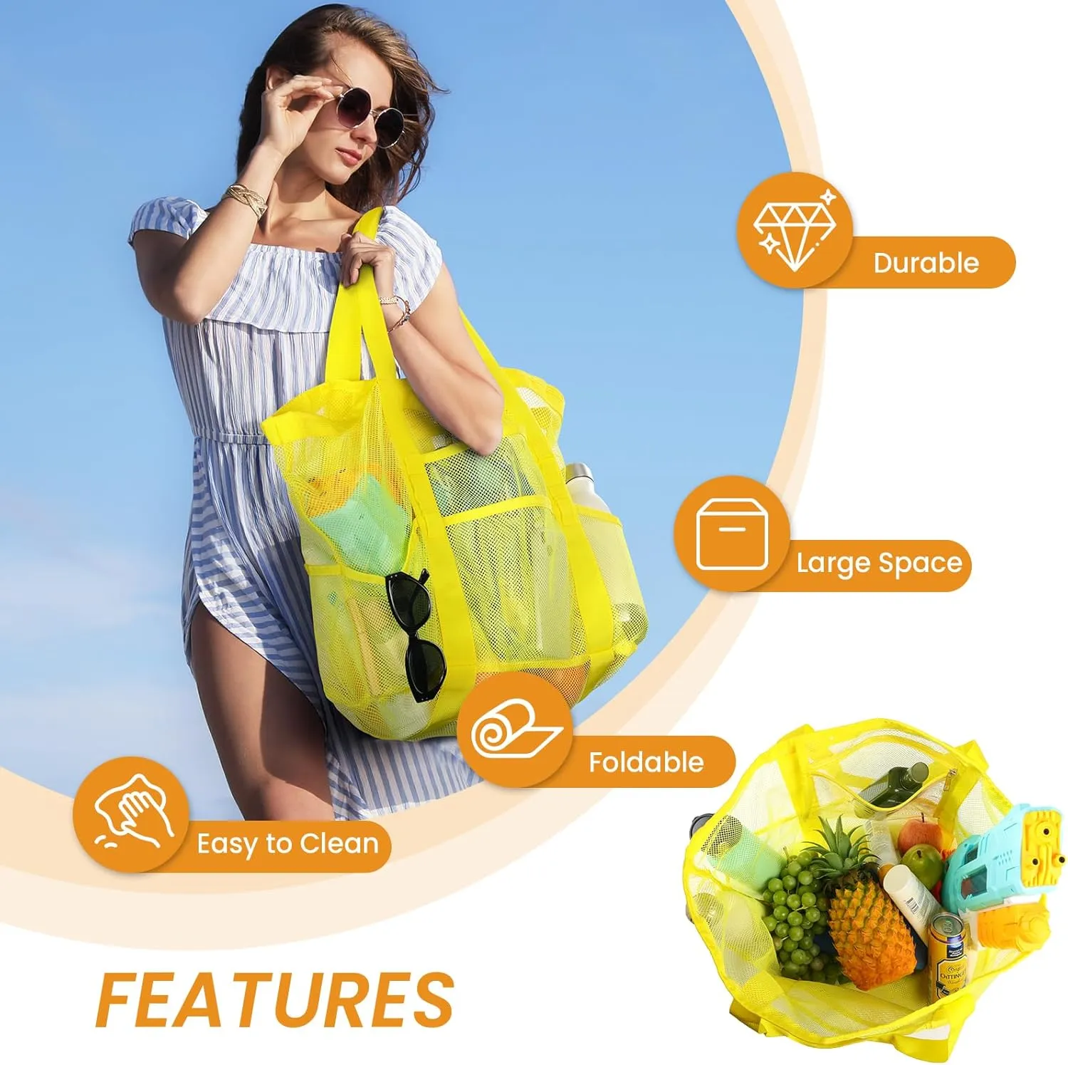 Tavaleu Mesh Beach Bag - Large Beach Tote with Multi Functional Pockets for Family Travel/Vacation