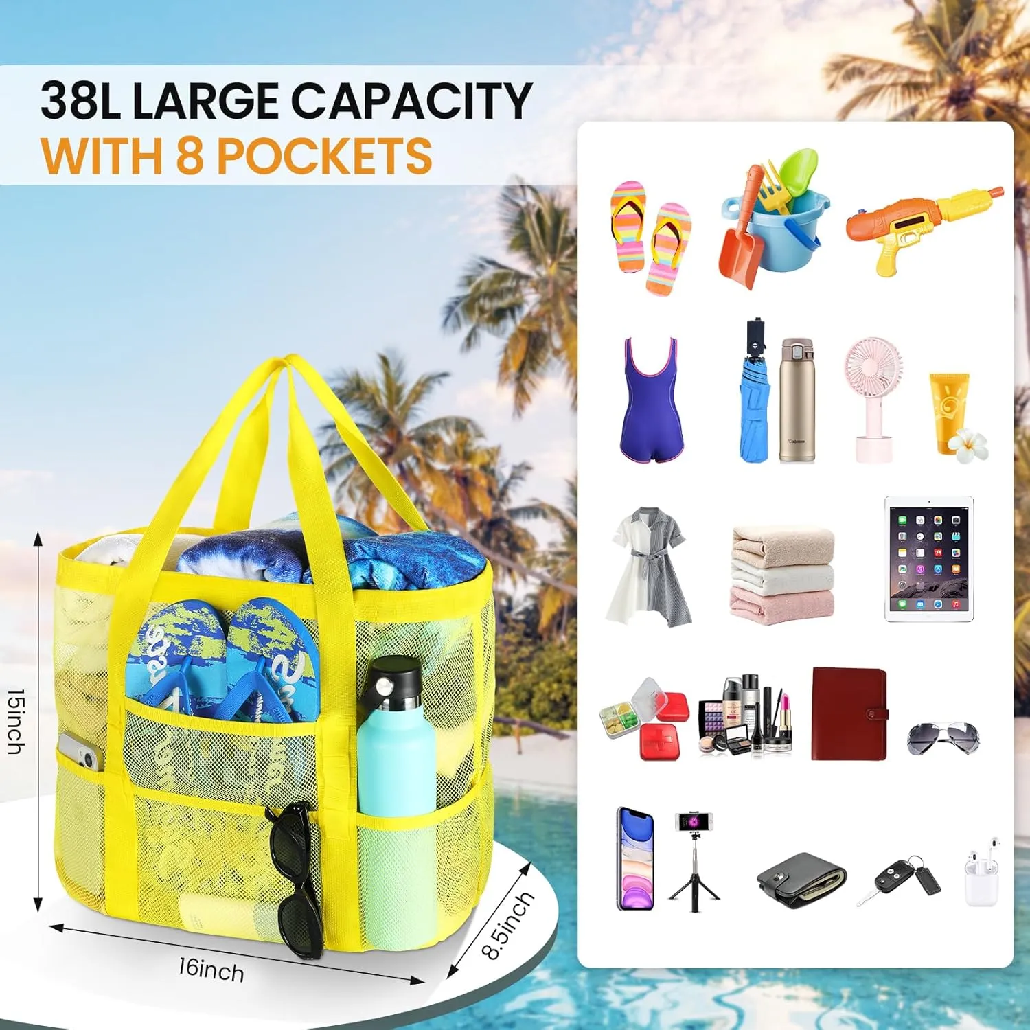 Tavaleu Mesh Beach Bag - Large Beach Tote with Multi Functional Pockets for Family Travel/Vacation