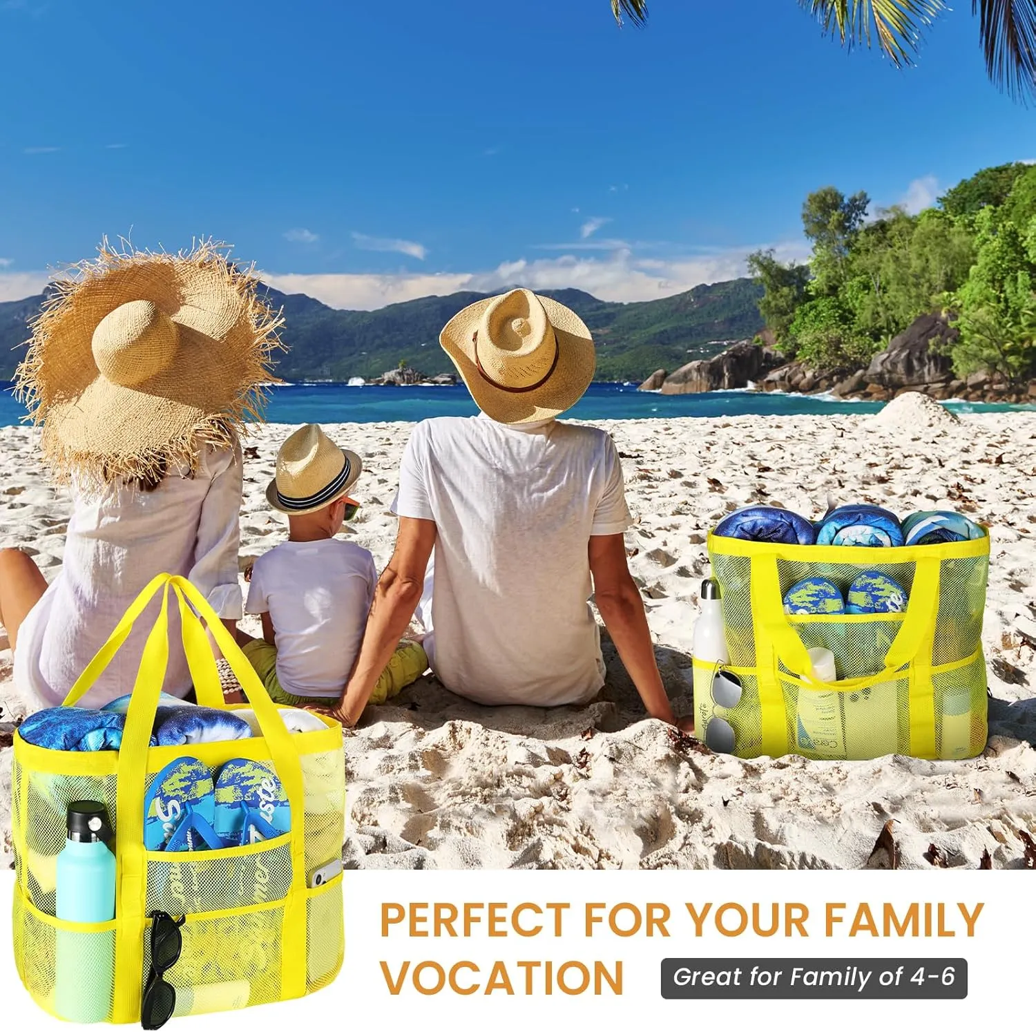 Tavaleu Mesh Beach Bag - Large Beach Tote with Multi Functional Pockets for Family Travel/Vacation