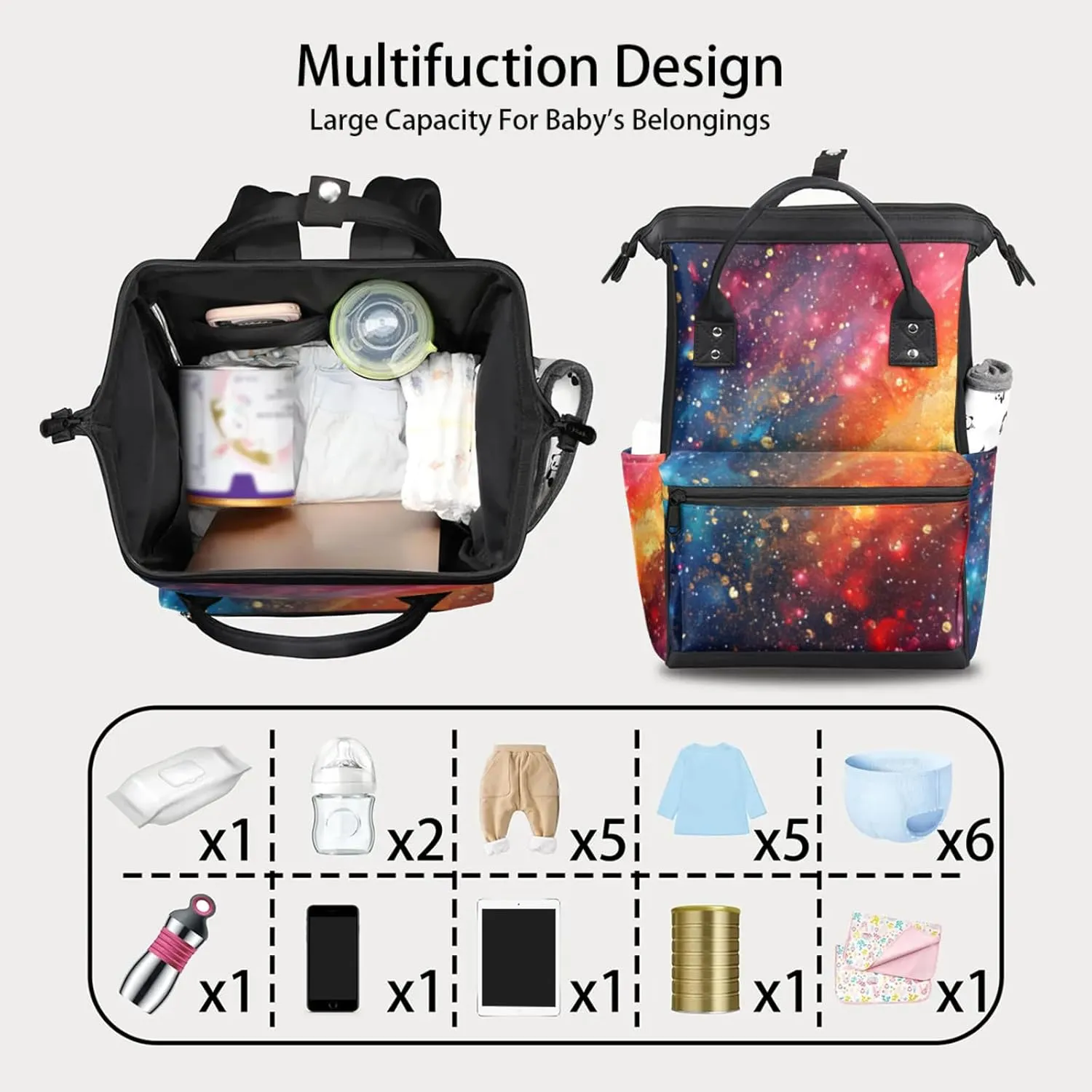 Tavisto Astro Space Adventures Double Shoulder Mommy Bag for Women, Polyester Large Capacity Diaper Backpack with Multi Pockets, Waterproof Adjustable Straps Diaper Bag for Moms Dads, 11''×7''×15.7''