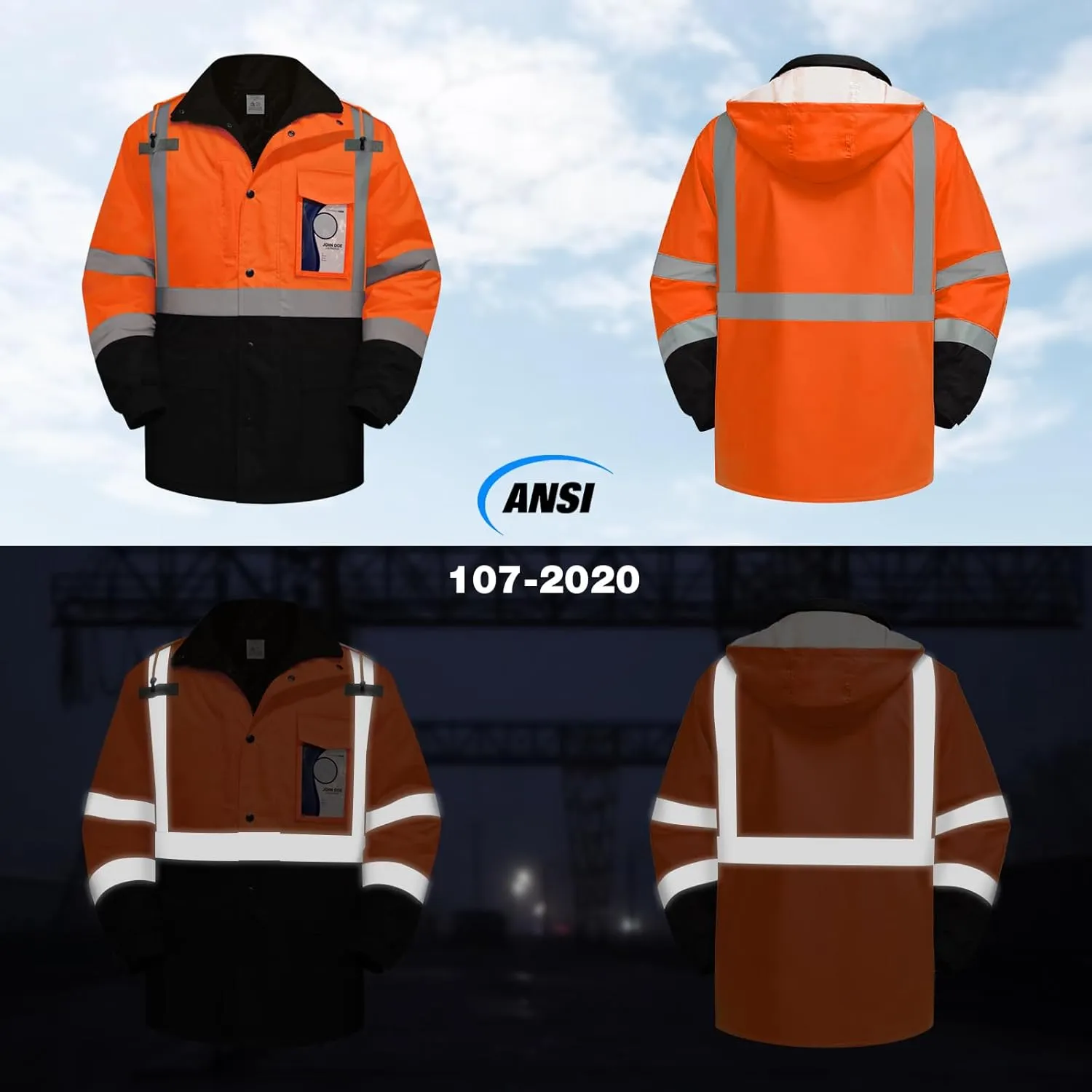 TCCFCCT Safety Jacket for Men & Women, Hi Vis Reflective Jackets with Pockets, Construction Coats for Cold Weather, High Vis Rain Gear, Waterproof, Long J-Orange, L