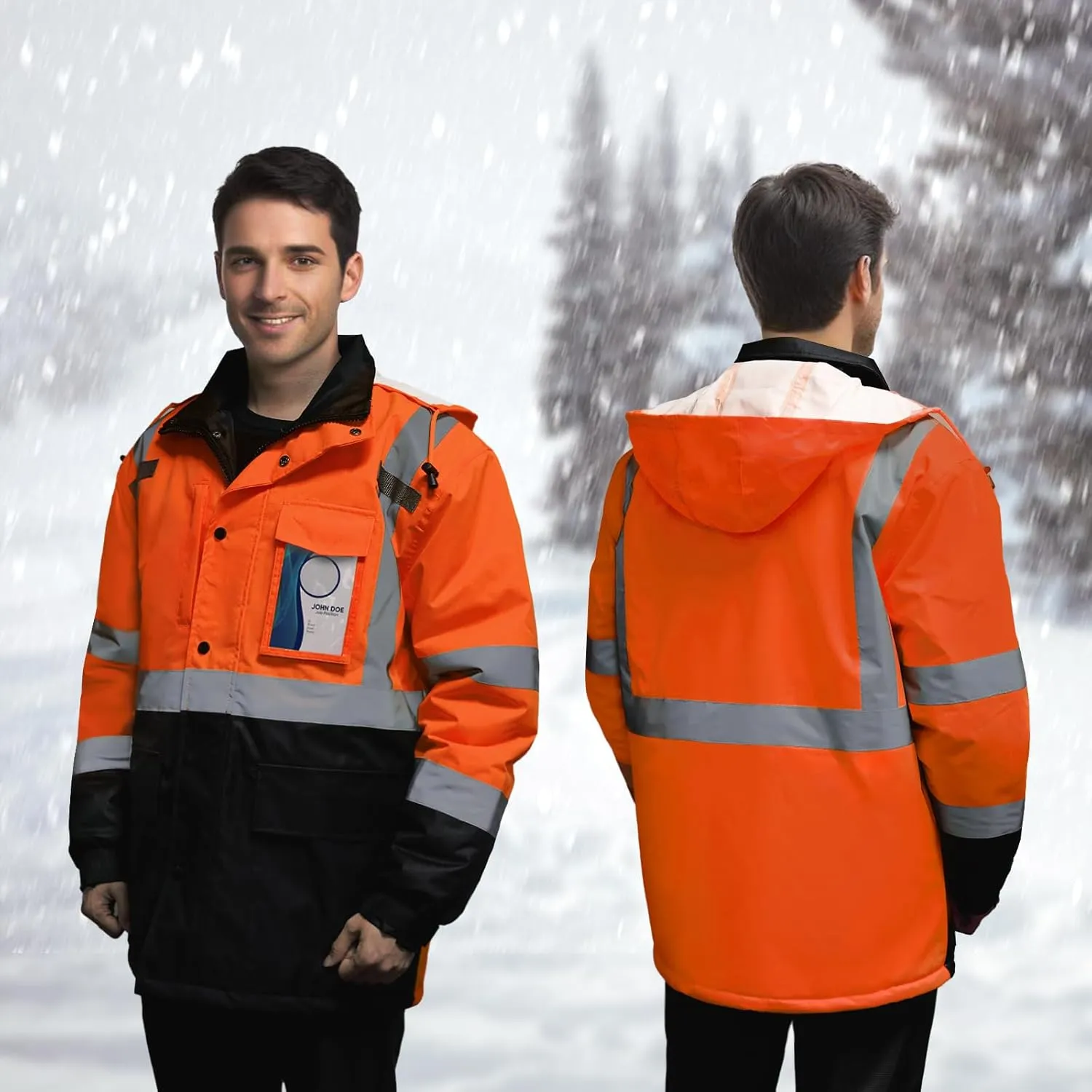 TCCFCCT Safety Jacket for Men & Women, Hi Vis Reflective Jackets with Pockets, Construction Coats for Cold Weather, High Vis Rain Gear, Waterproof, Long J-Orange, L