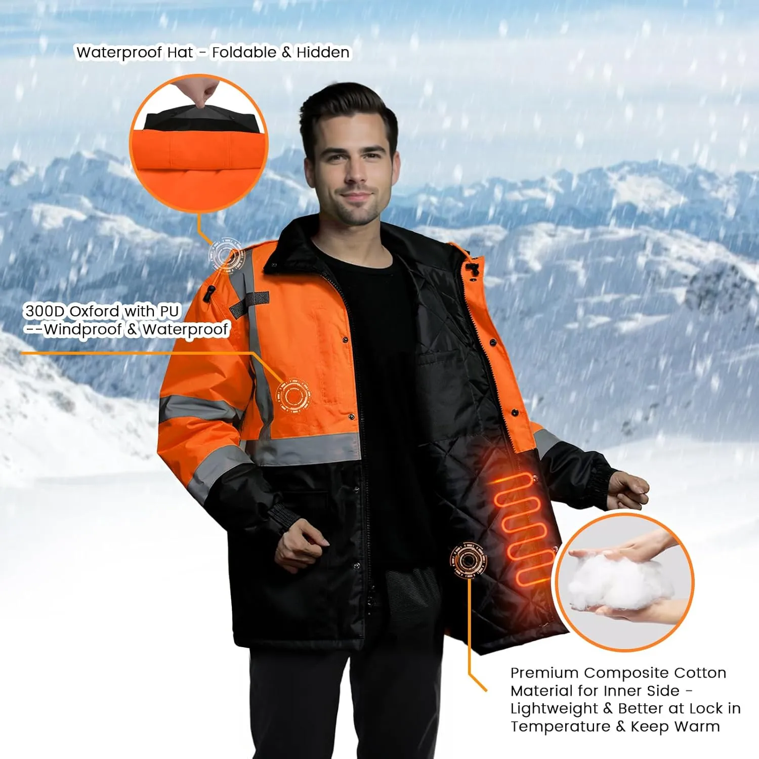 TCCFCCT Safety Jacket for Men & Women, Hi Vis Reflective Jackets with Pockets, Construction Coats for Cold Weather, High Vis Rain Gear, Waterproof, Long J-Orange, L