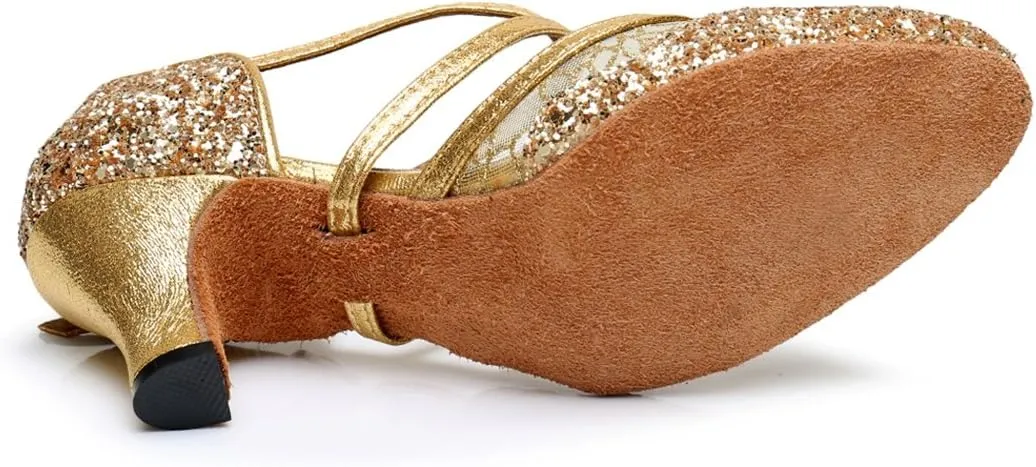 TDA Women's Ankle Strap Round Toe Sequins Mesh Synthetic Tango Ballroom Salsa Latin Dance wedding Shoes