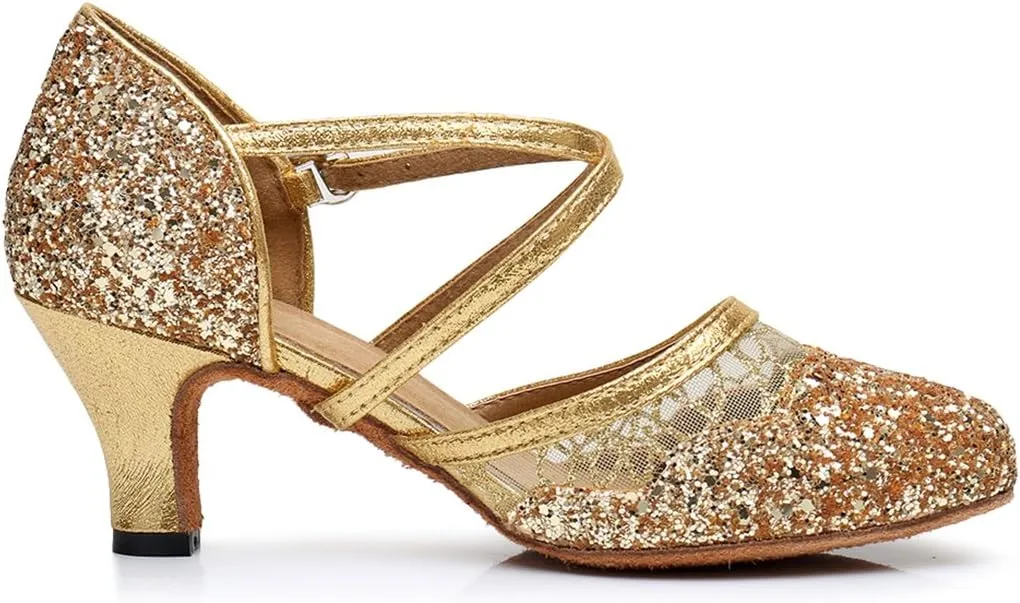 TDA Women's Ankle Strap Round Toe Sequins Mesh Synthetic Tango Ballroom Salsa Latin Dance wedding Shoes