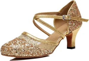 TDA Women's Ankle Strap Round Toe Sequins Mesh Synthetic Tango Ballroom Salsa Latin Dance wedding Shoes