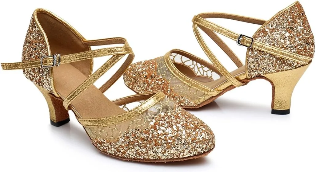 TDA Women's Ankle Strap Round Toe Sequins Mesh Synthetic Tango Ballroom Salsa Latin Dance wedding Shoes