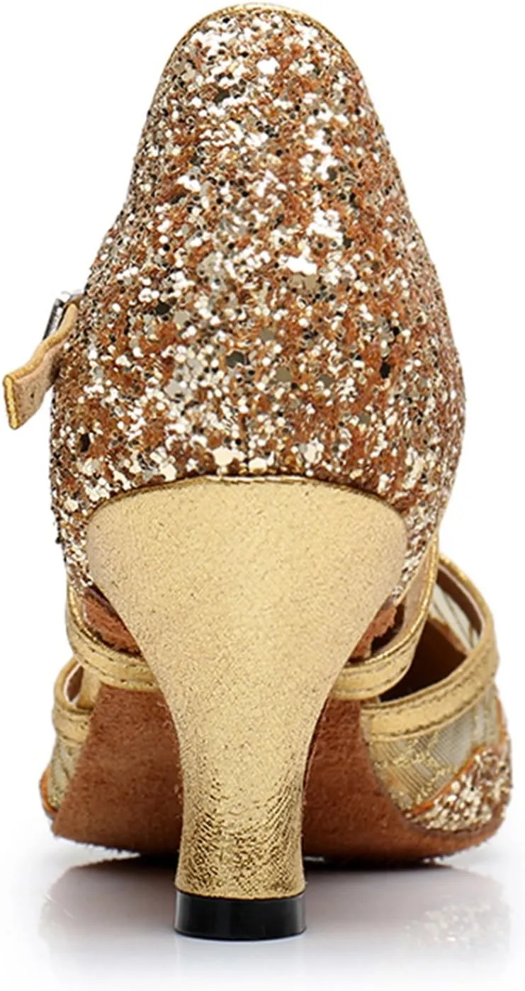 TDA Women's Ankle Strap Round Toe Sequins Mesh Synthetic Tango Ballroom Salsa Latin Dance wedding Shoes