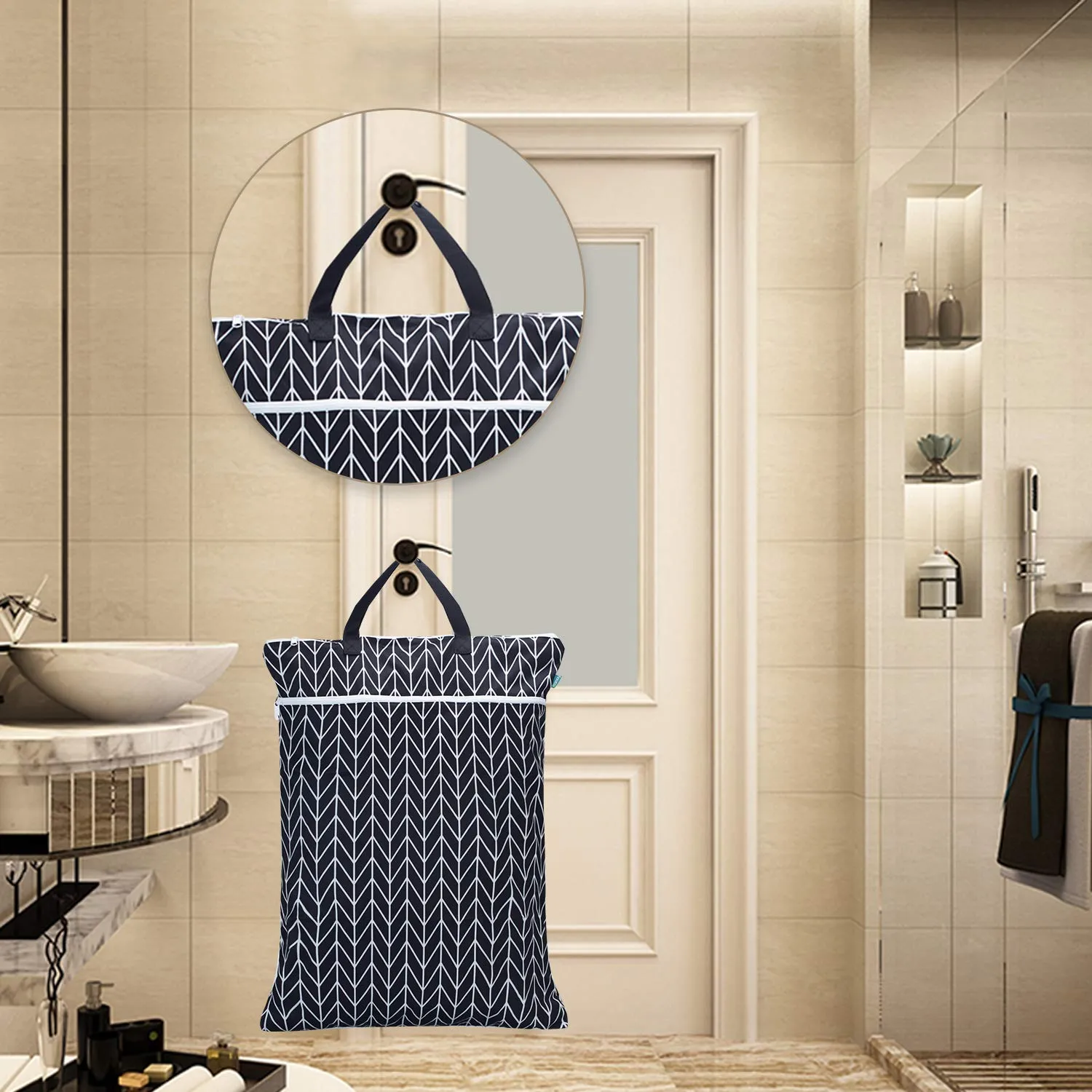 Teamoy Travel Hanging Wet Dry Bag Organizer (24.7 x 18 inches) with Two Compartments for Cloth Diaper, Laundry, Swimsuits and More, Easy to Hang Everywhere(L, Black Arrow)