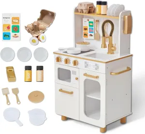 Teamson Kids Little Chef Memphis Wooden Play Kitchen for Toddlers, Kitchen Playset with 16 Accessories, Toy Set with Faucet, Oven, Storage and Realistic Features, White/Gold