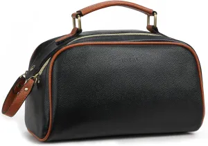 Telena Travel Toiletry Bag Makeup Cosmetic Bags for Women Waterproof PU Leather Toiletry Organizer Portable Large Capacity Black with Brown