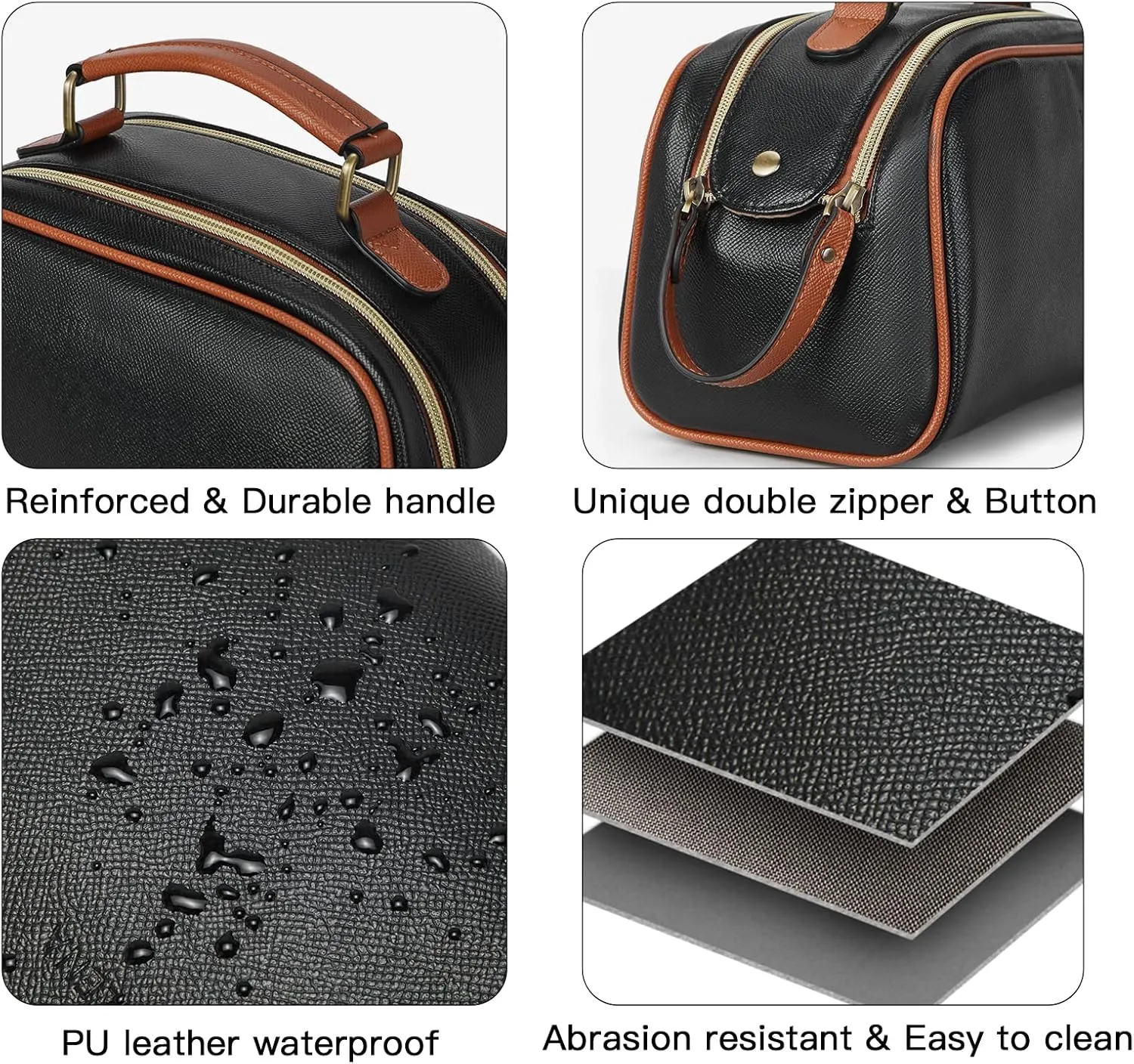 Telena Travel Toiletry Bag Makeup Cosmetic Bags for Women Waterproof PU Leather Toiletry Organizer Portable Large Capacity Black with Brown