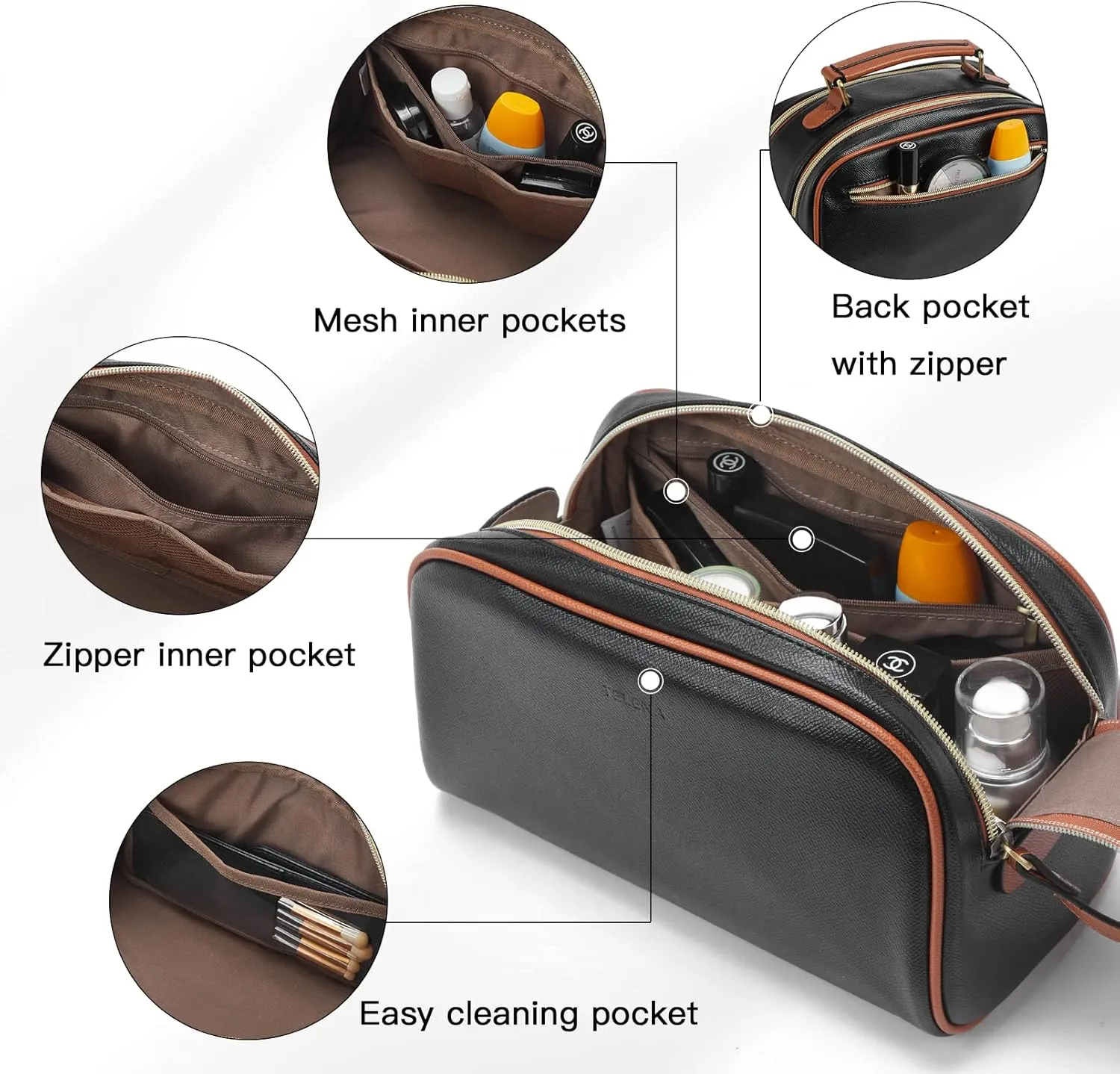 Telena Travel Toiletry Bag Makeup Cosmetic Bags for Women Waterproof PU Leather Toiletry Organizer Portable Large Capacity Black with Brown