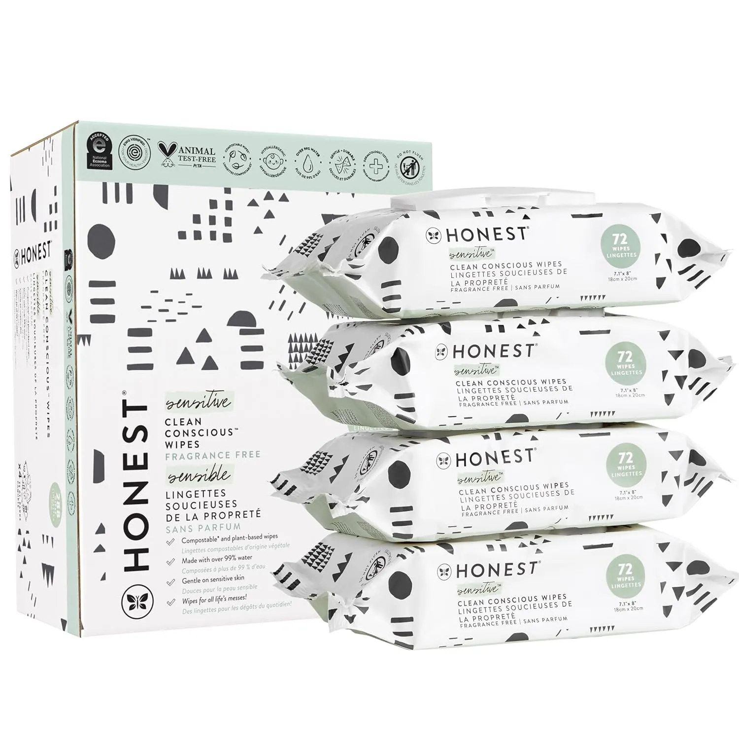 The Honest Company Clean Conscious Multi-Use Wipes | Hypoallergenic   Unscented for Sensitive Skin | Over 99% Water, Compostable, Plant Based, Baby Wipes | Pattern Play, 288 Count
