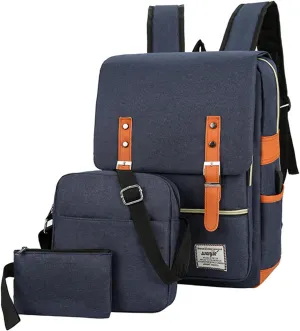Three piece backpack with large capacity simple business computer bag USB charging, travel backpack,blue