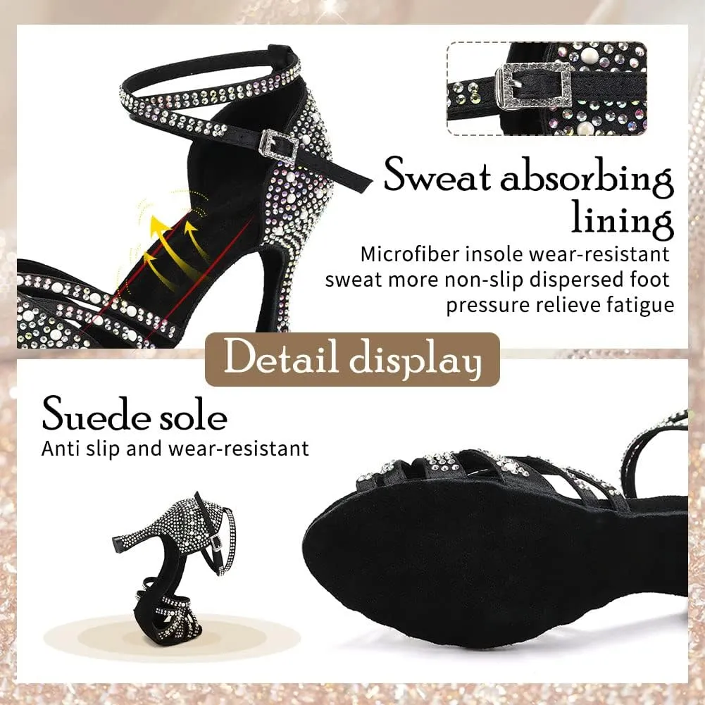 TINRYMX Women Latin Dance Shoes Rhinestones Sparkly Ballroom Salsa Performance Party Dancing Heels,Model-L432/L506