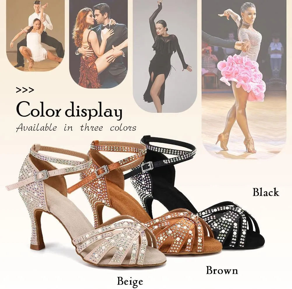 TINRYMX Women Latin Dance Shoes Rhinestones Sparkly Ballroom Salsa Performance Party Dancing Heels,Model-L432/L506