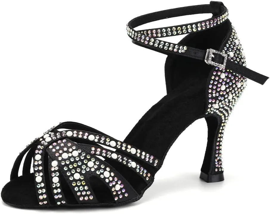 TINRYMX Women Latin Dance Shoes Rhinestones Sparkly Ballroom Salsa Performance Party Dancing Heels,Model-L432/L506