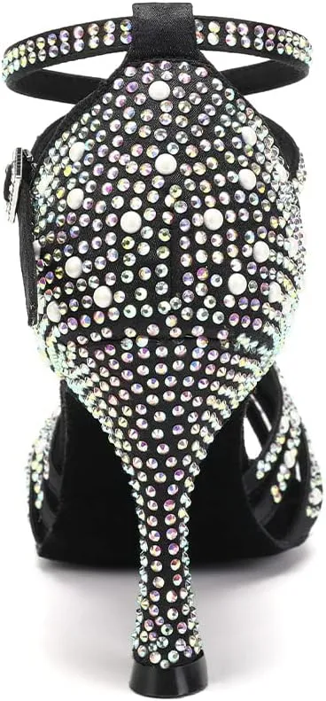 TINRYMX Women Latin Dance Shoes Rhinestones Sparkly Ballroom Salsa Performance Party Dancing Heels,Model-L432/L506