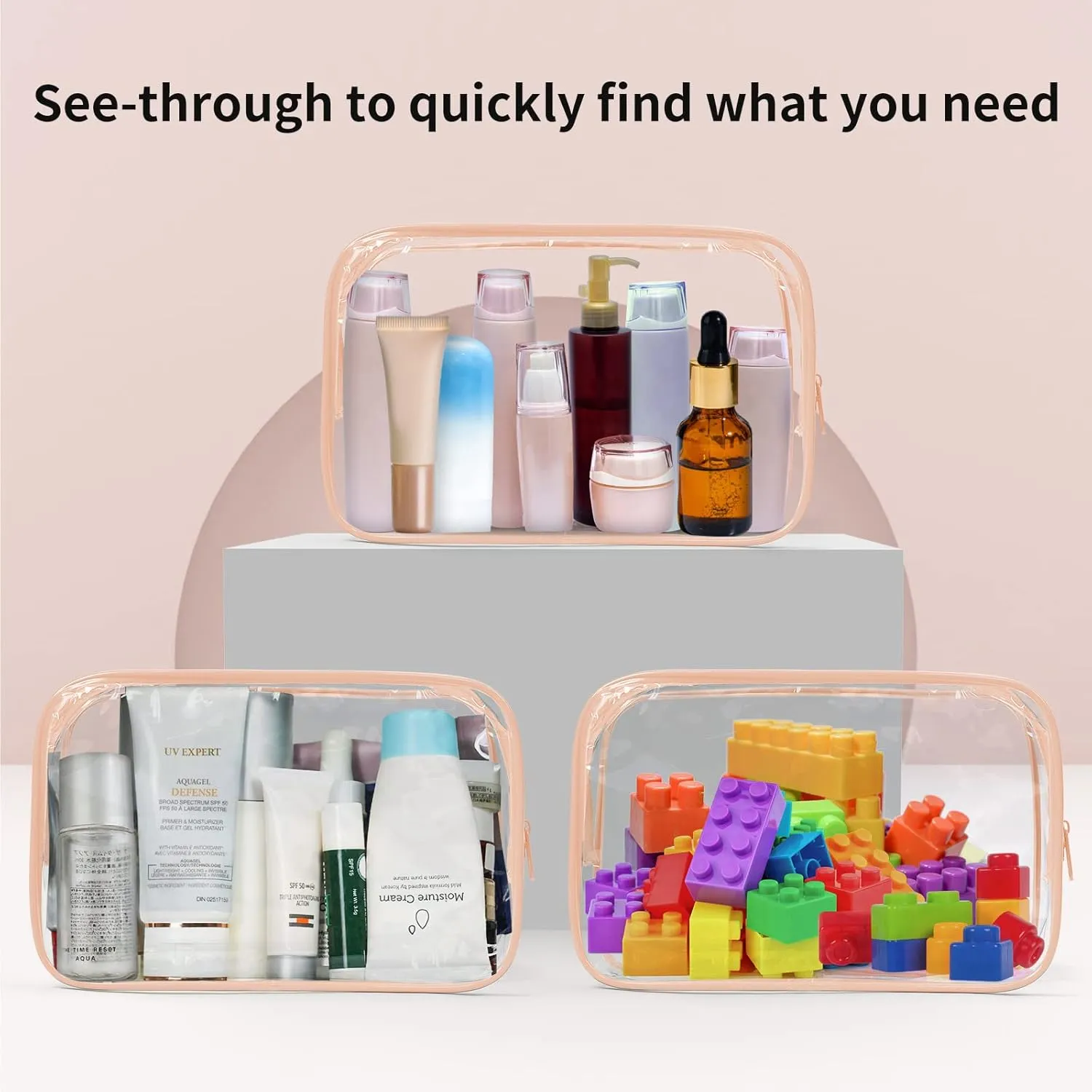 TISRATOK 24 PCS Clear Toiletry Bag for Women Men, Transparent Cosmetic Bag for Travel Makeup Organizer TSA Approved Pouch - Orange-pink,Medium
