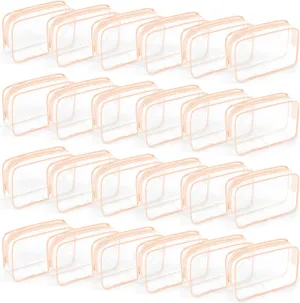 TISRATOK 24 PCS Clear Toiletry Bag for Women Men, Transparent Cosmetic Bag for Travel Makeup Organizer TSA Approved Pouch - Orange-pink,Medium