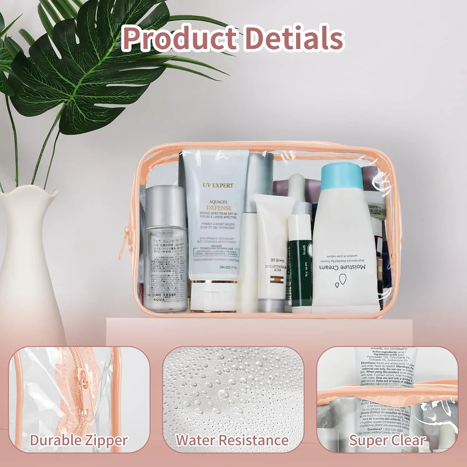 TISRATOK 24 PCS Clear Toiletry Bag for Women Men, Transparent Cosmetic Bag for Travel Makeup Organizer TSA Approved Pouch - Orange-pink,Medium