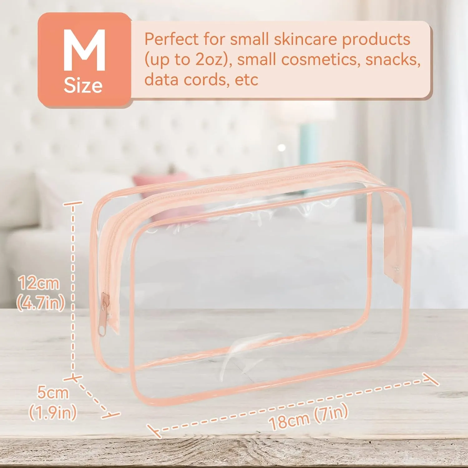 TISRATOK 24 PCS Clear Toiletry Bag for Women Men, Transparent Cosmetic Bag for Travel Makeup Organizer TSA Approved Pouch - Orange-pink,Medium