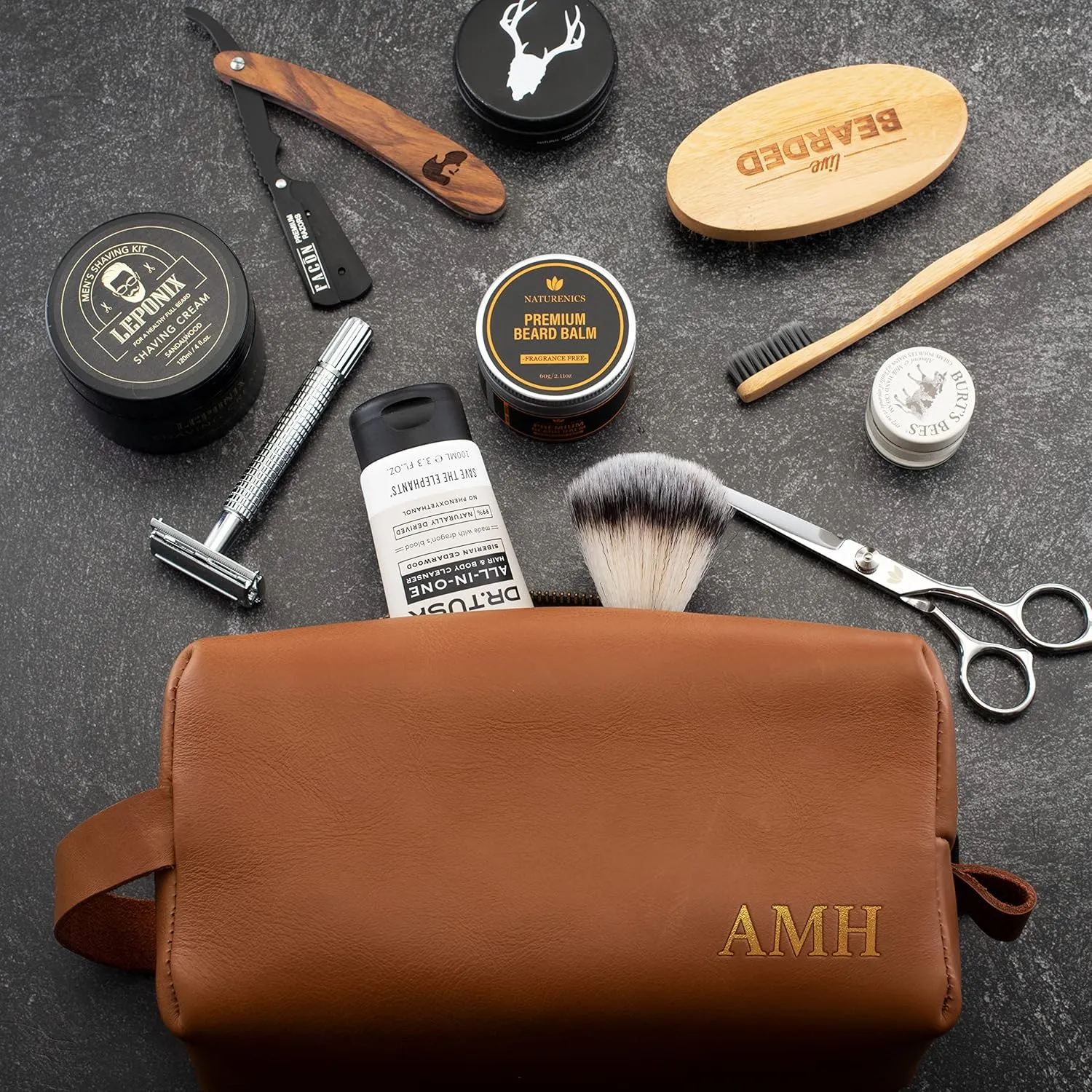 Toiletry Bag for Men, Genuine Leather Toiletry Bag w/ Initials & Names, Groomsmen Gifts for Wedding - Gifts for Dad - Custom Embossed Dopp Kit for Him - Travel Accesories for Men, Black - Large