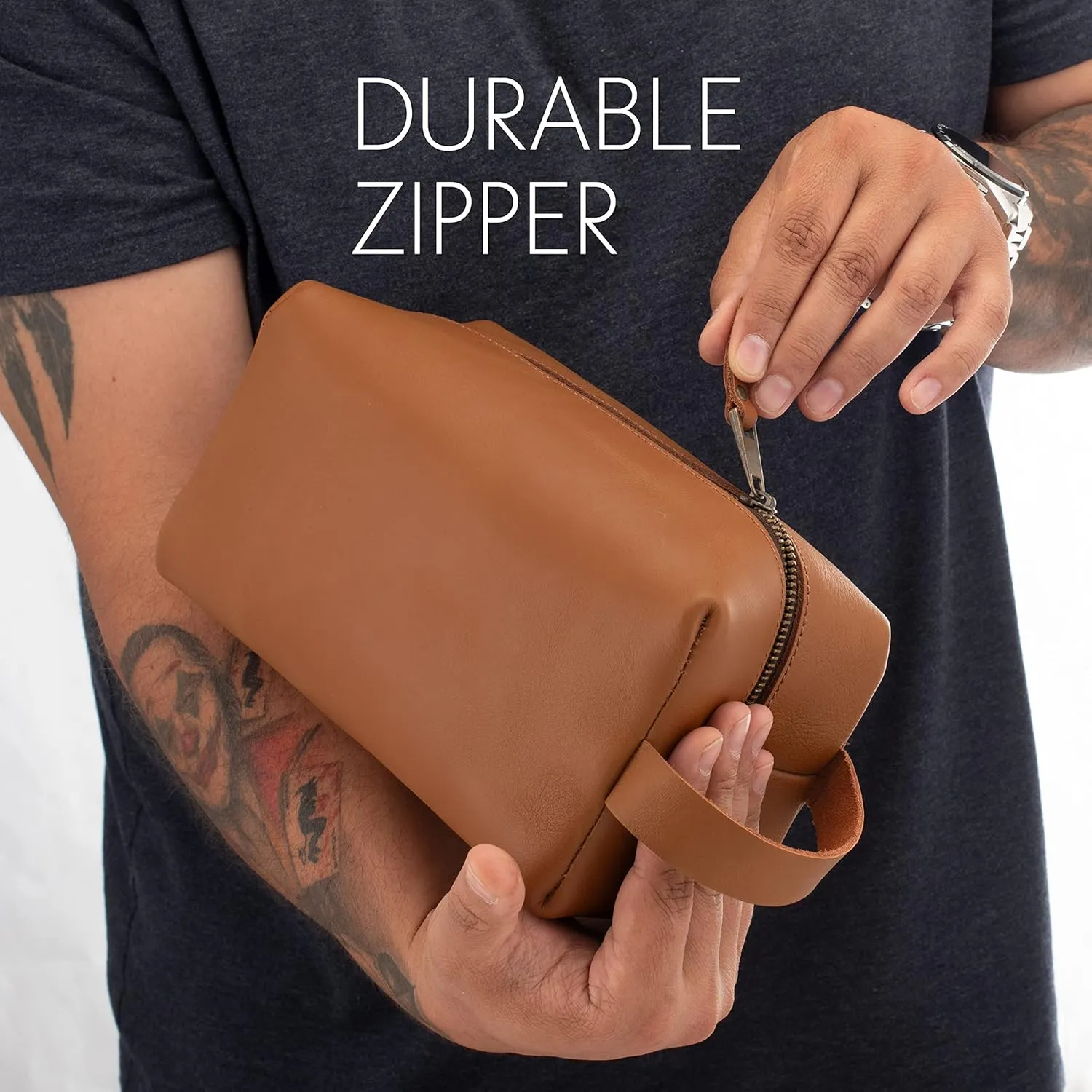 Toiletry Bag for Men, Genuine Leather Toiletry Bag w/ Initials & Names, Groomsmen Gifts for Wedding - Gifts for Dad - Custom Embossed Dopp Kit for Him - Travel Accesories for Men, Black - Large
