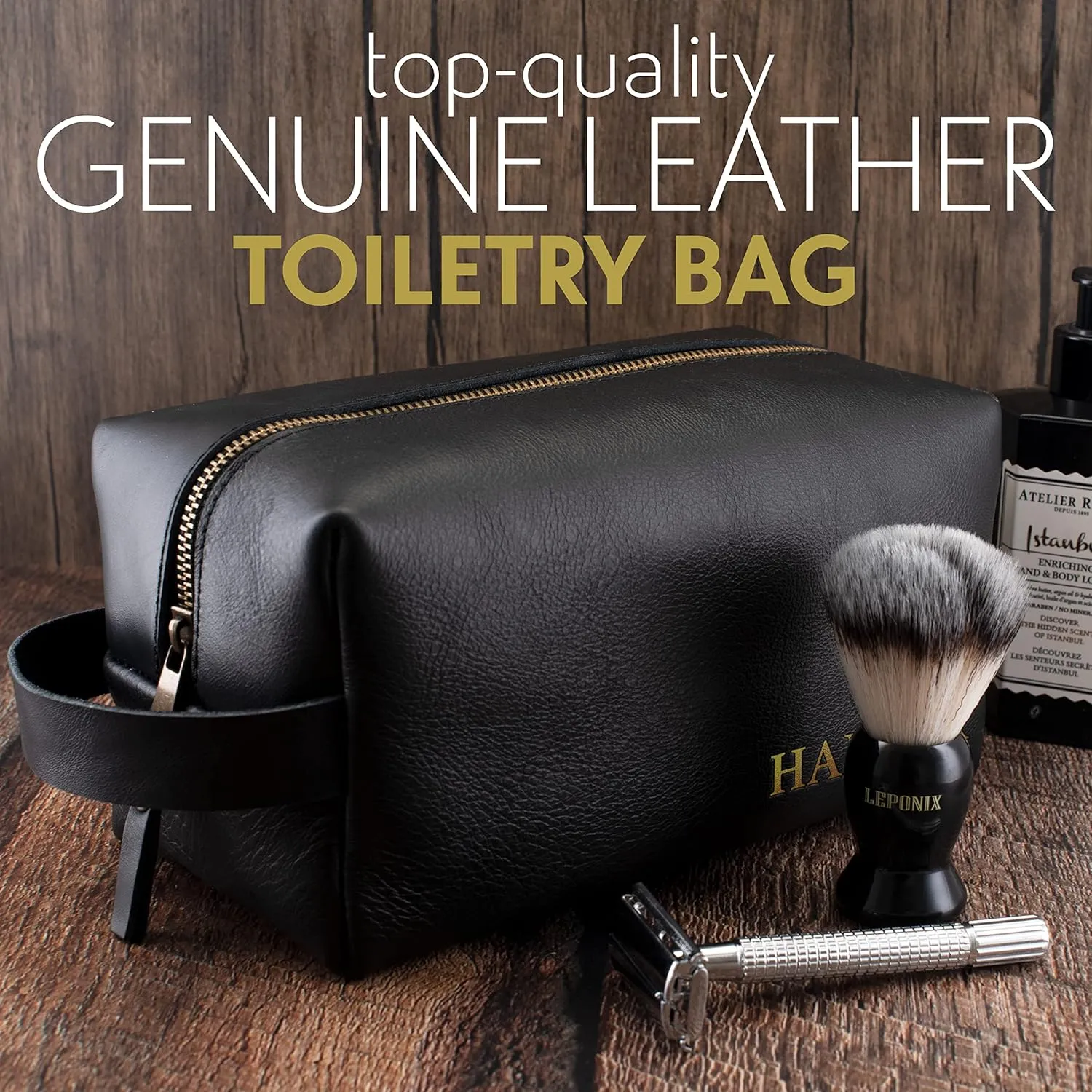 Toiletry Bag for Men, Genuine Leather Toiletry Bag w/ Initials & Names, Groomsmen Gifts for Wedding - Gifts for Dad - Custom Embossed Dopp Kit for Him - Travel Accesories for Men, Black - Large