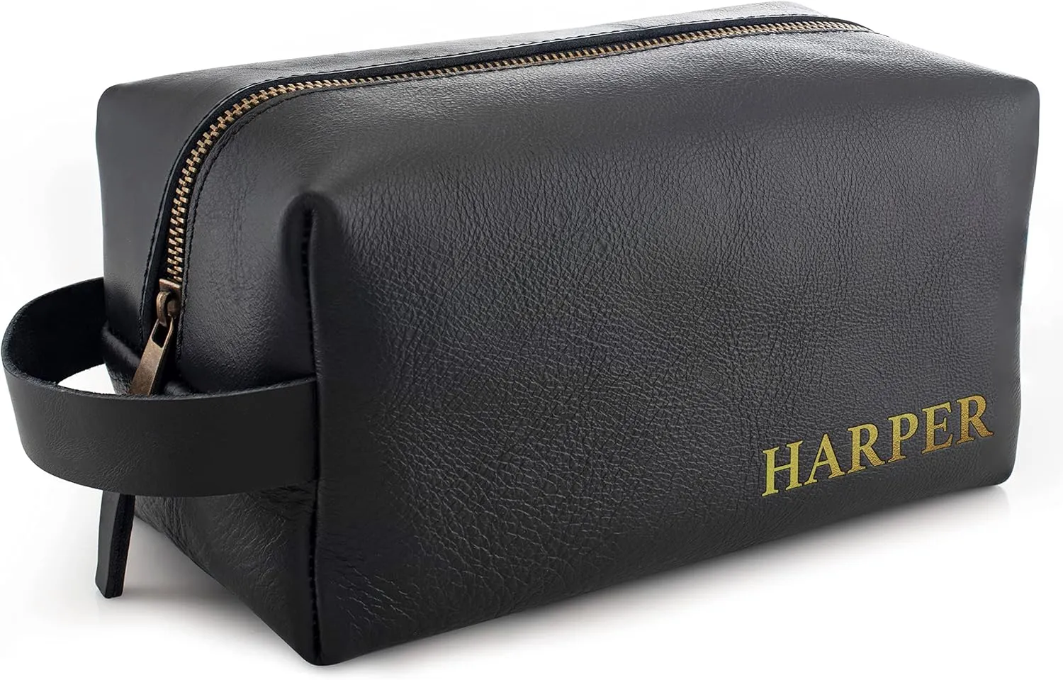 Toiletry Bag for Men, Genuine Leather Toiletry Bag w/ Initials & Names, Groomsmen Gifts for Wedding - Gifts for Dad - Custom Embossed Dopp Kit for Him - Travel Accesories for Men, Black - Large