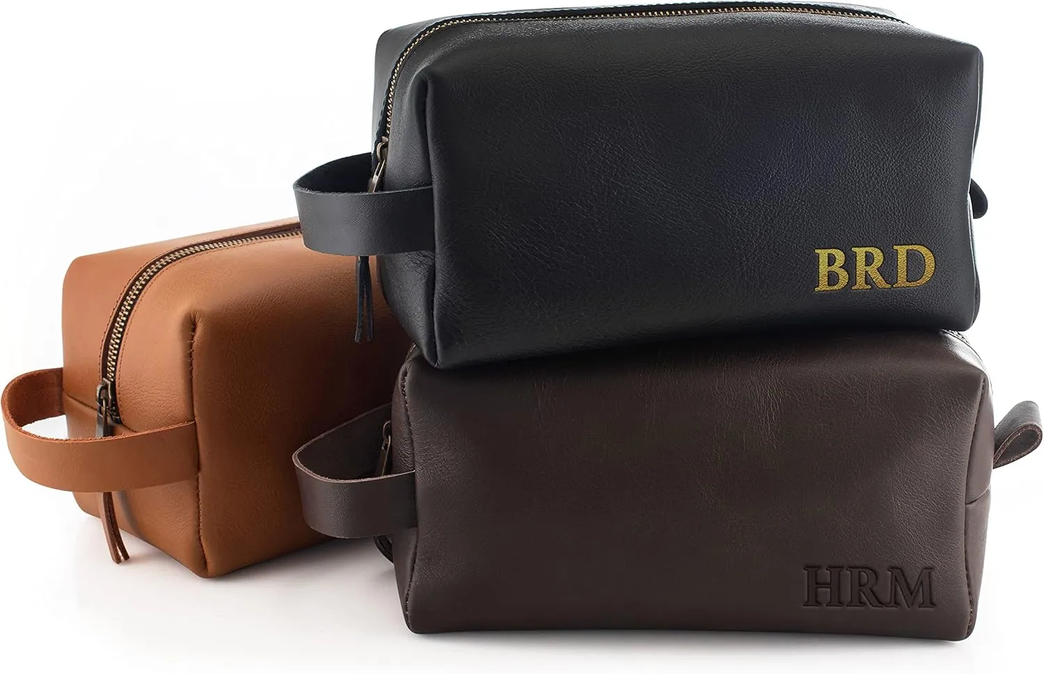 Toiletry Bag for Men, Genuine Leather Toiletry Bag w/ Initials & Names, Groomsmen Gifts for Wedding - Gifts for Dad - Custom Embossed Dopp Kit for Him - Travel Accesories for Men, Brown - Large