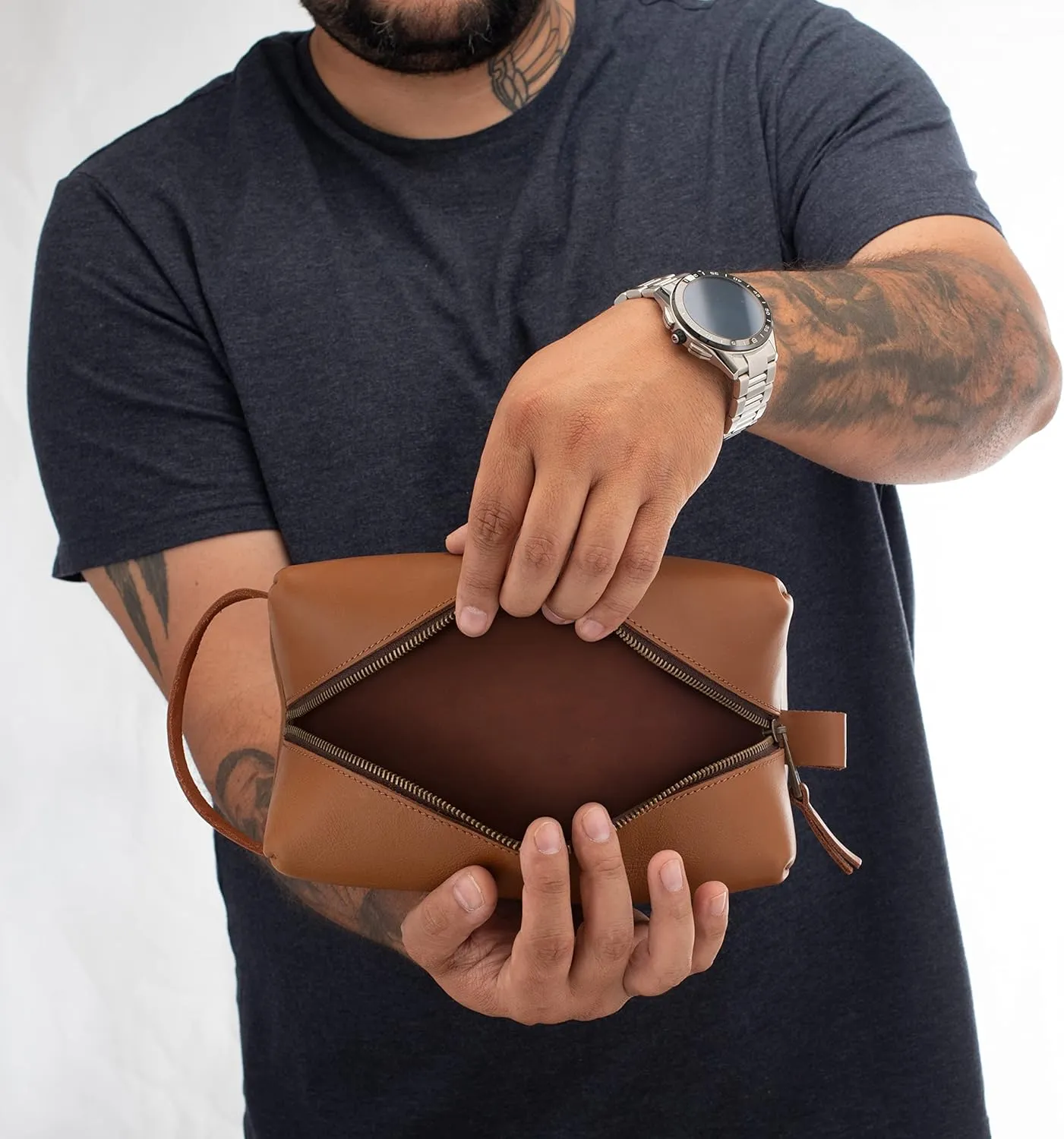 Toiletry Bag for Men, Genuine Leather Toiletry Bag w/ Initials & Names, Groomsmen Gifts for Wedding - Gifts for Dad - Custom Embossed Dopp Kit for Him - Travel Accesories for Men, Brown - Large