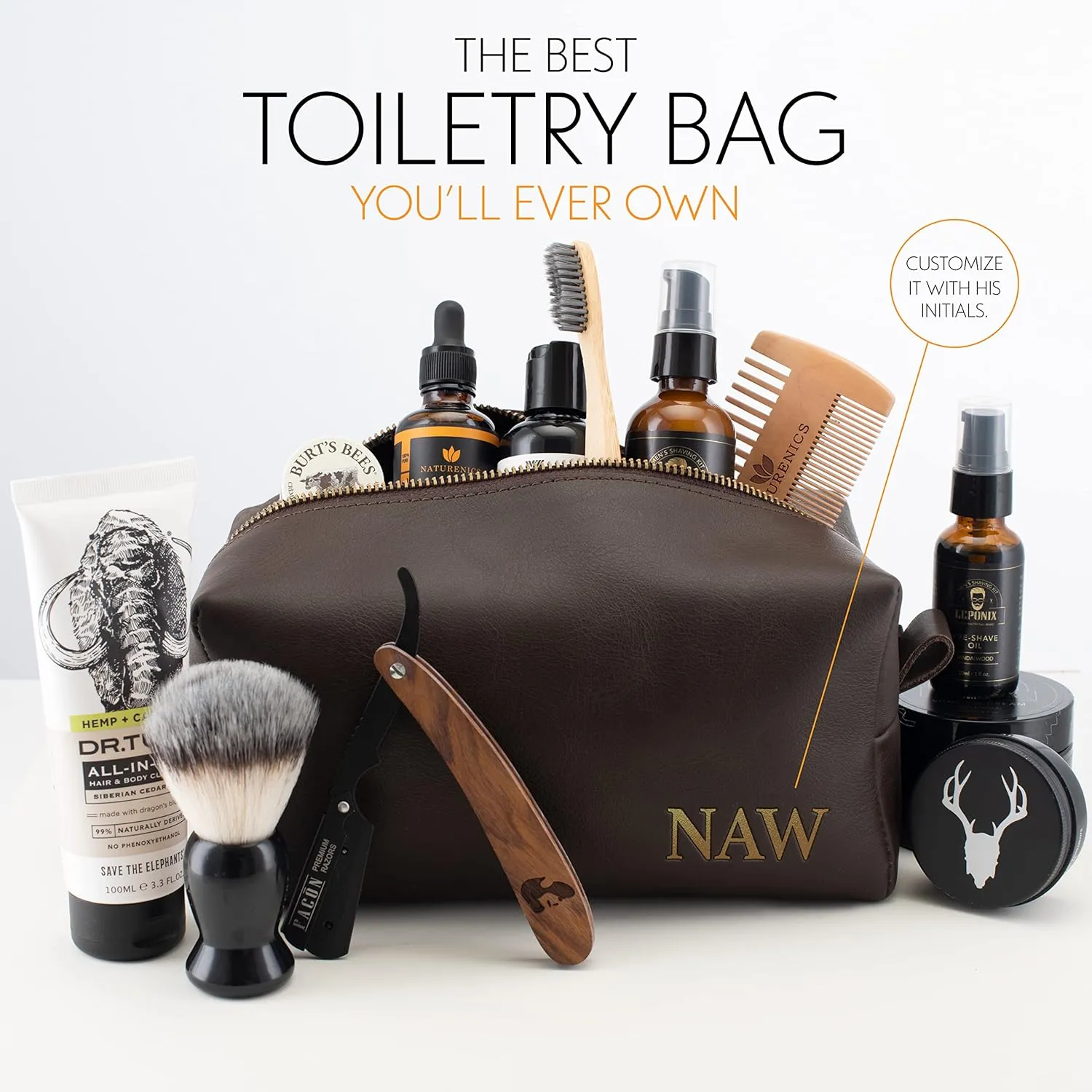 Toiletry Bag for Men, Genuine Leather Toiletry Bag w/ Initials & Names, Groomsmen Gifts for Wedding - Gifts for Dad - Custom Embossed Dopp Kit for Him - Travel Accesories for Men, Brown - Large