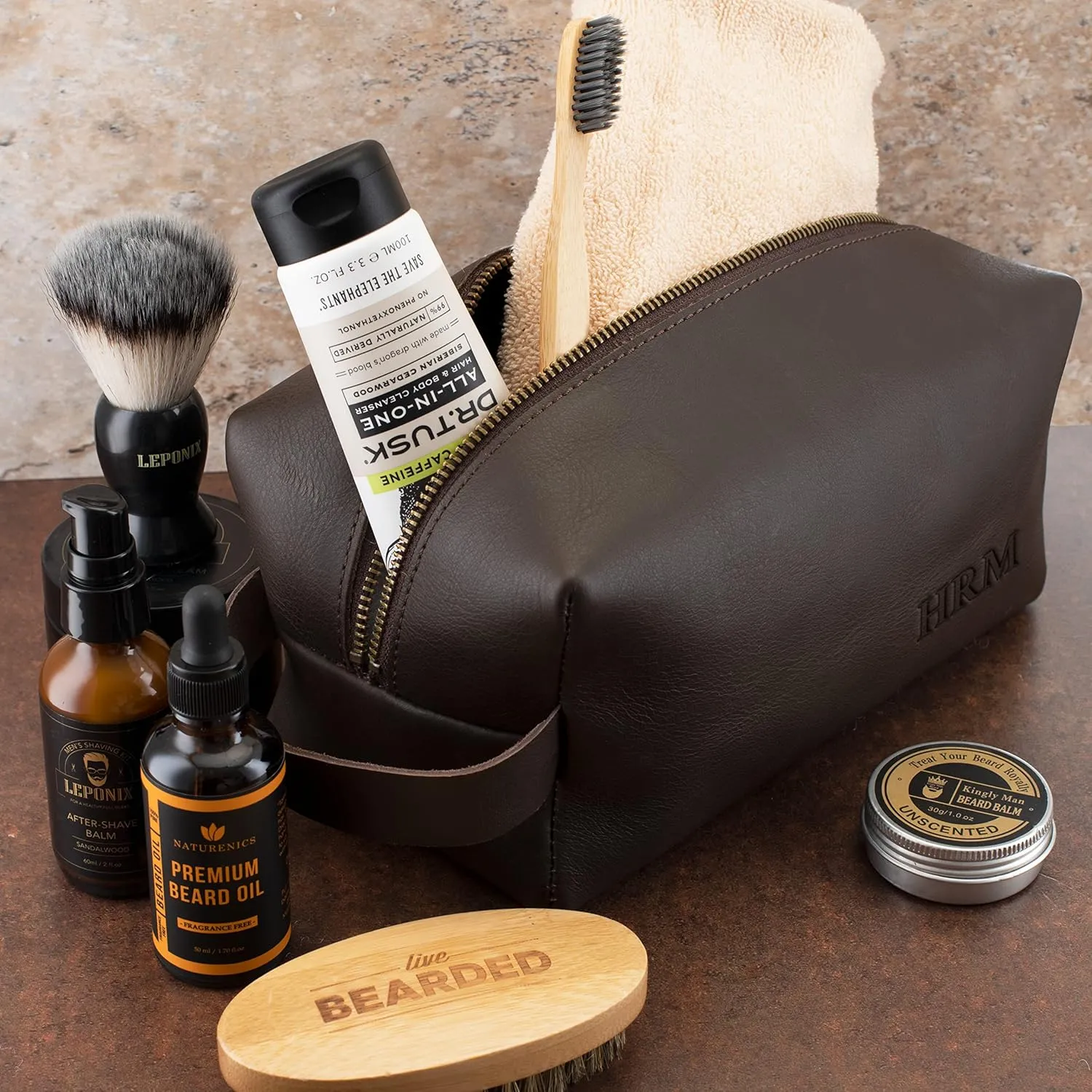 Toiletry Bag for Men, Genuine Leather Toiletry Bag w/ Initials & Names, Groomsmen Gifts for Wedding - Gifts for Dad - Custom Embossed Dopp Kit for Him - Travel Accesories for Men, Brown - Large