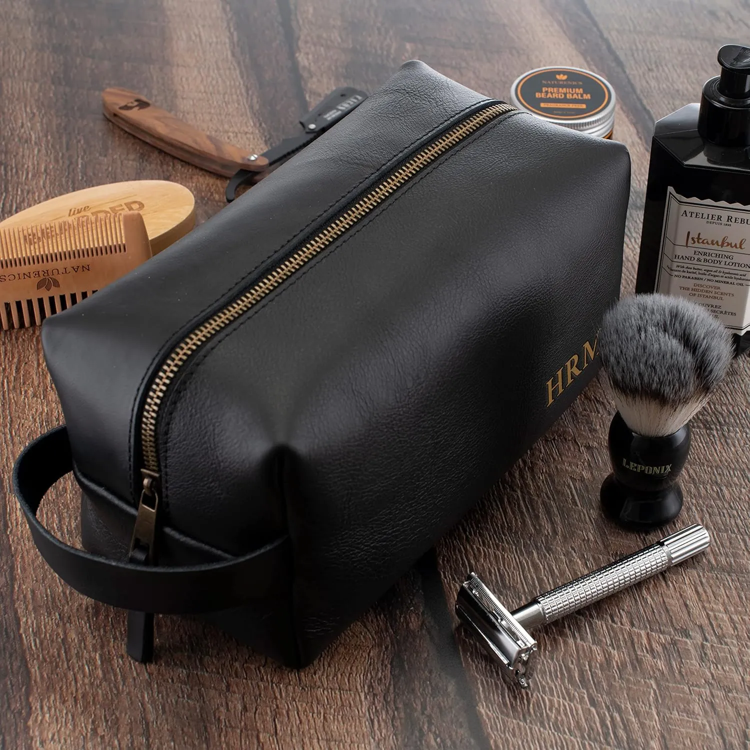 Toiletry Bag for Men, Genuine Leather Toiletry Bag w/ Initials & Names, Groomsmen Gifts for Wedding - Gifts for Dad - Custom Embossed Dopp Kit for Him - Travel Accesories for Men, Brown - Large