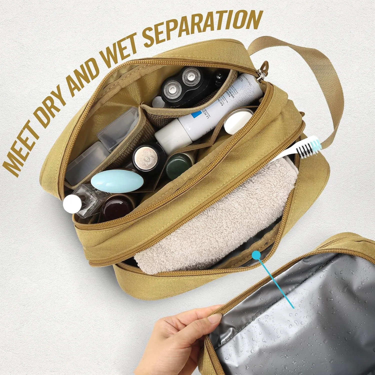 Toiletry Bag for Men Travel Bag, Three Layer Dry Wet Separate Travel Toiletry Bag Water-Resistant Shaving Bag Molle Dopp Kit for Men Women (Brown)