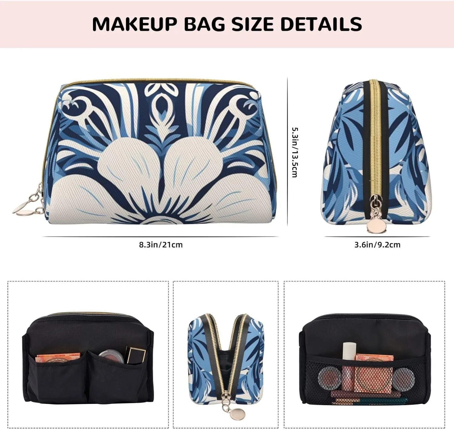Toiletry Bag for Women Men Dopp Kit Travel Makeup Bag Light Indigo Traditional Pattern Make Up Organizers Cosmetic Bag