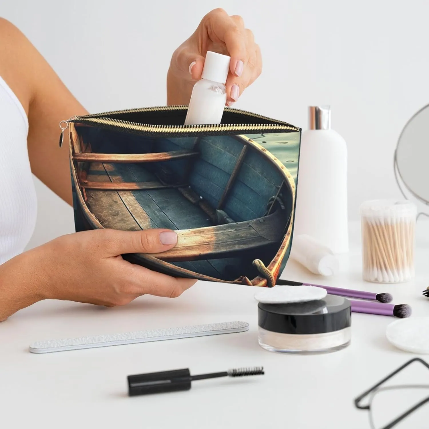 Toiletry Bag for Women Men Dopp Kit Travel Makeup Bag Wooden Boat on Water Make Up Organizers Cosmetic Bag