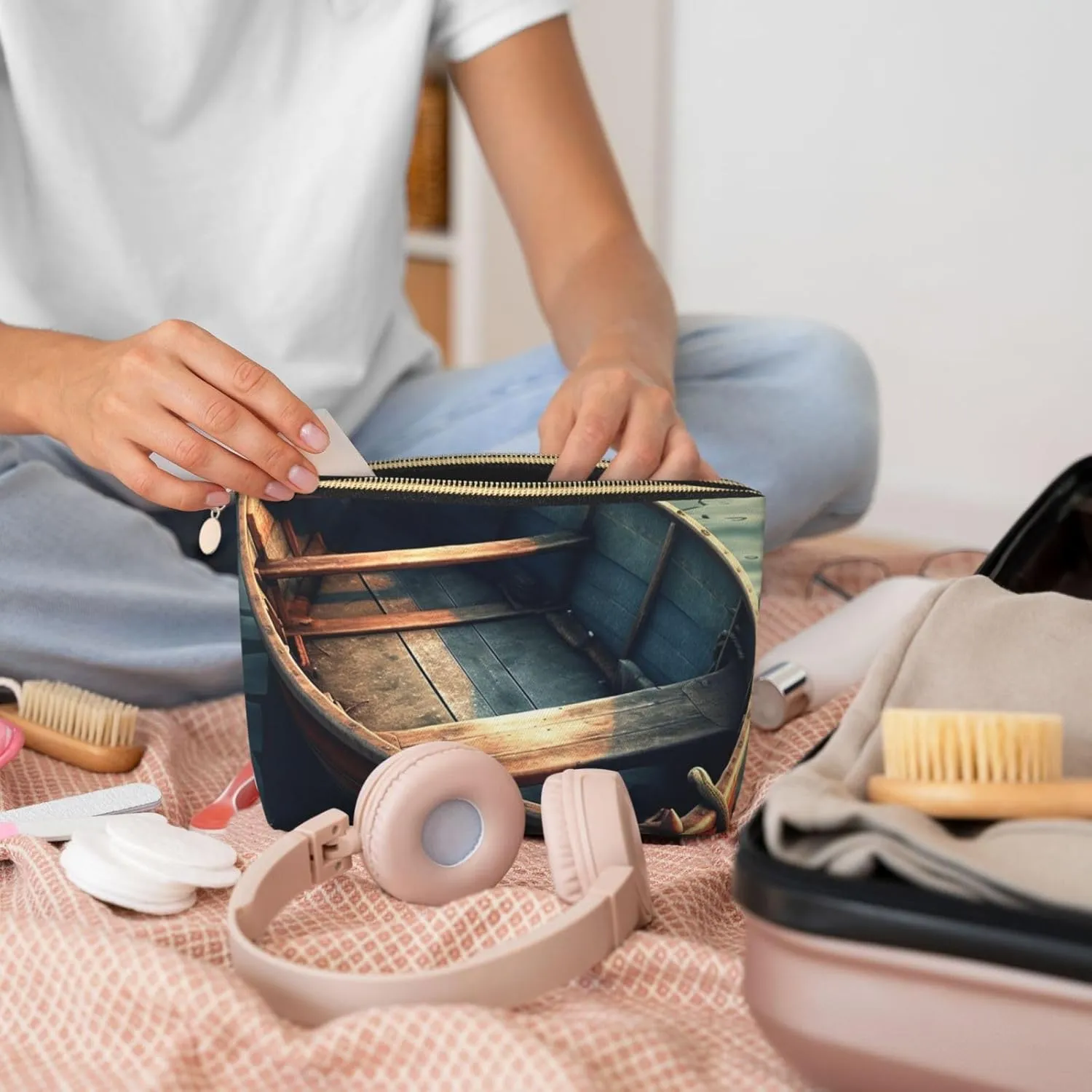 Toiletry Bag for Women Men Dopp Kit Travel Makeup Bag Wooden Boat on Water Make Up Organizers Cosmetic Bag
