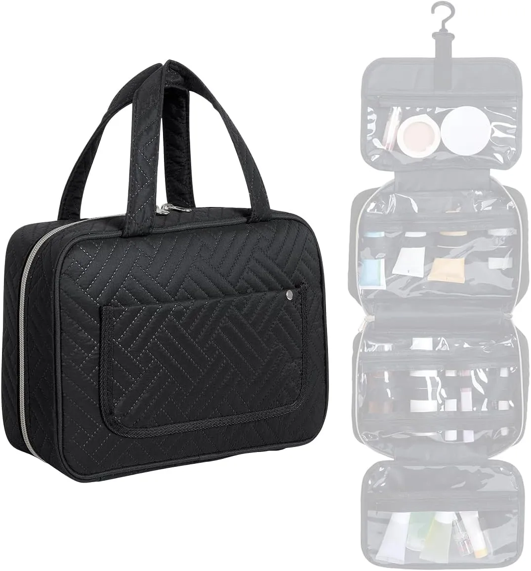 Toiletry Bag Hanging Travel Makeup Organizer for Women and Men with Hooks Water-resistant Multi Compartment Transparent Cosmetics Storage Box for Makeup Accessories, Toiletries Black